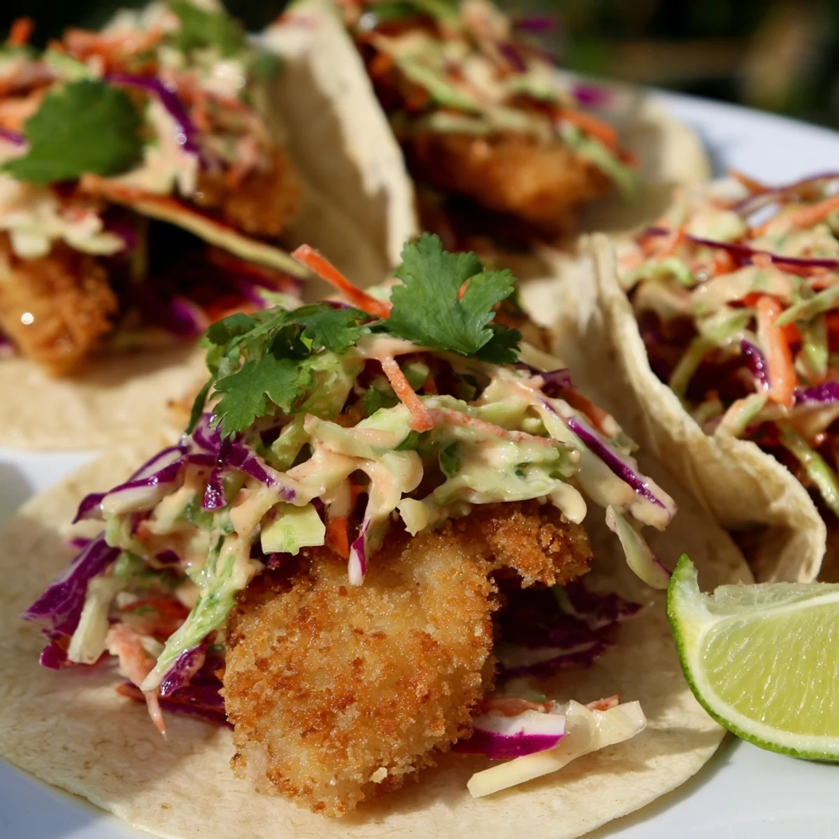Freshly assembled Crispy Fish Tacos with Cabbage Slaw featuring crunchy coating, colorful slaw, and optional avocado slices on the side.