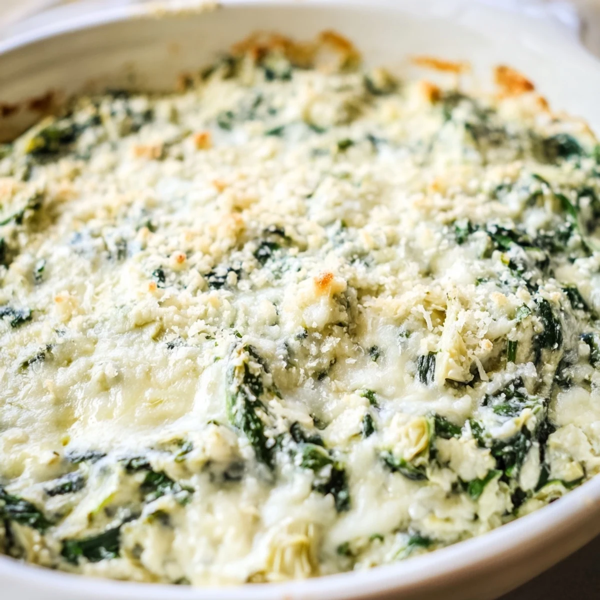 Golden, bubbly Super Bowl Spinach and Artichoke Dip in a baking dish, with toasted pita wedges ready for dipping.