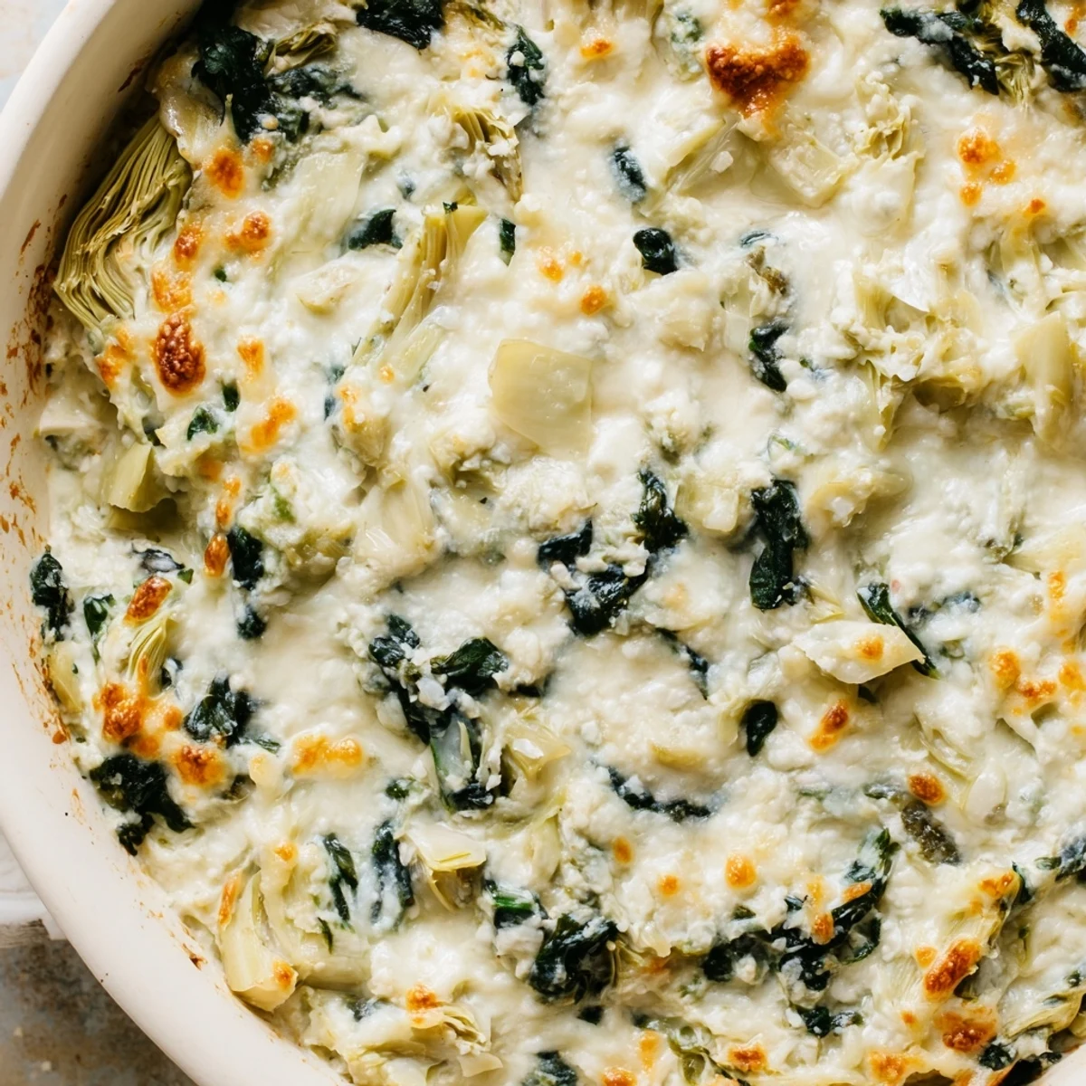 A warm, cheesy Super Bowl Spinach and Artichoke Dip topped with golden crust, served alongside crispy toasted pita chips.