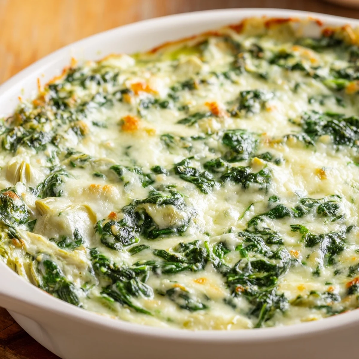 Creamy Super Bowl Spinach and Artichoke Dip with spinach and artichokes, garnished and paired with golden, olive-oil-brushed pita wedges.