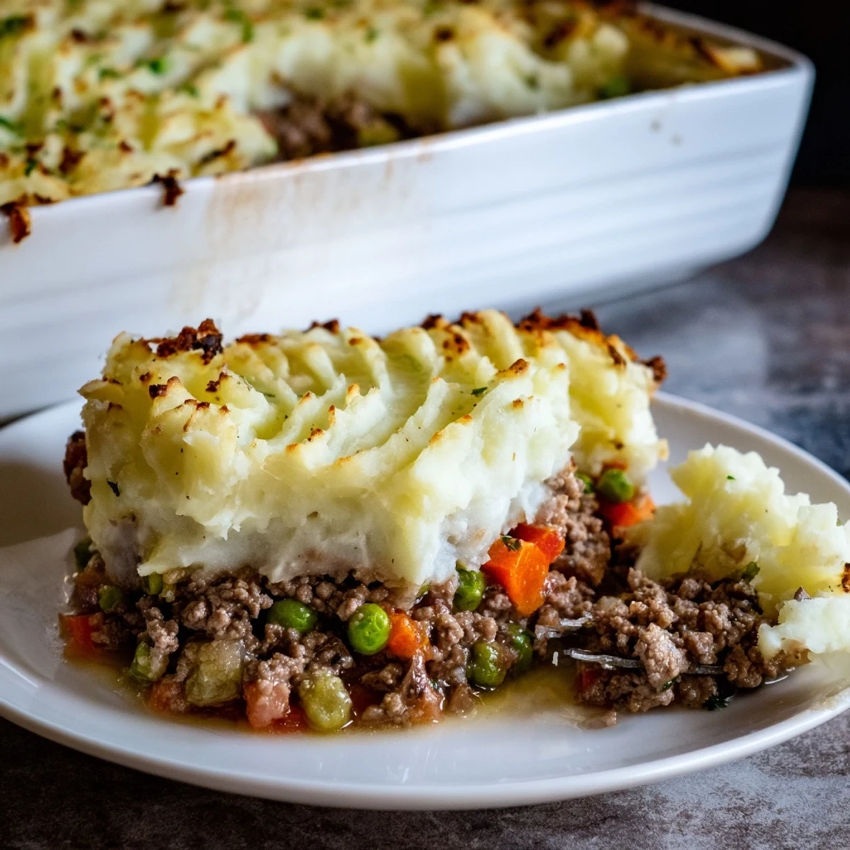 Freshly baked St. Patrick's Day Shepherd's Pie with Lamb, served bubbling hot with garnished parsley and a rustic spoon.