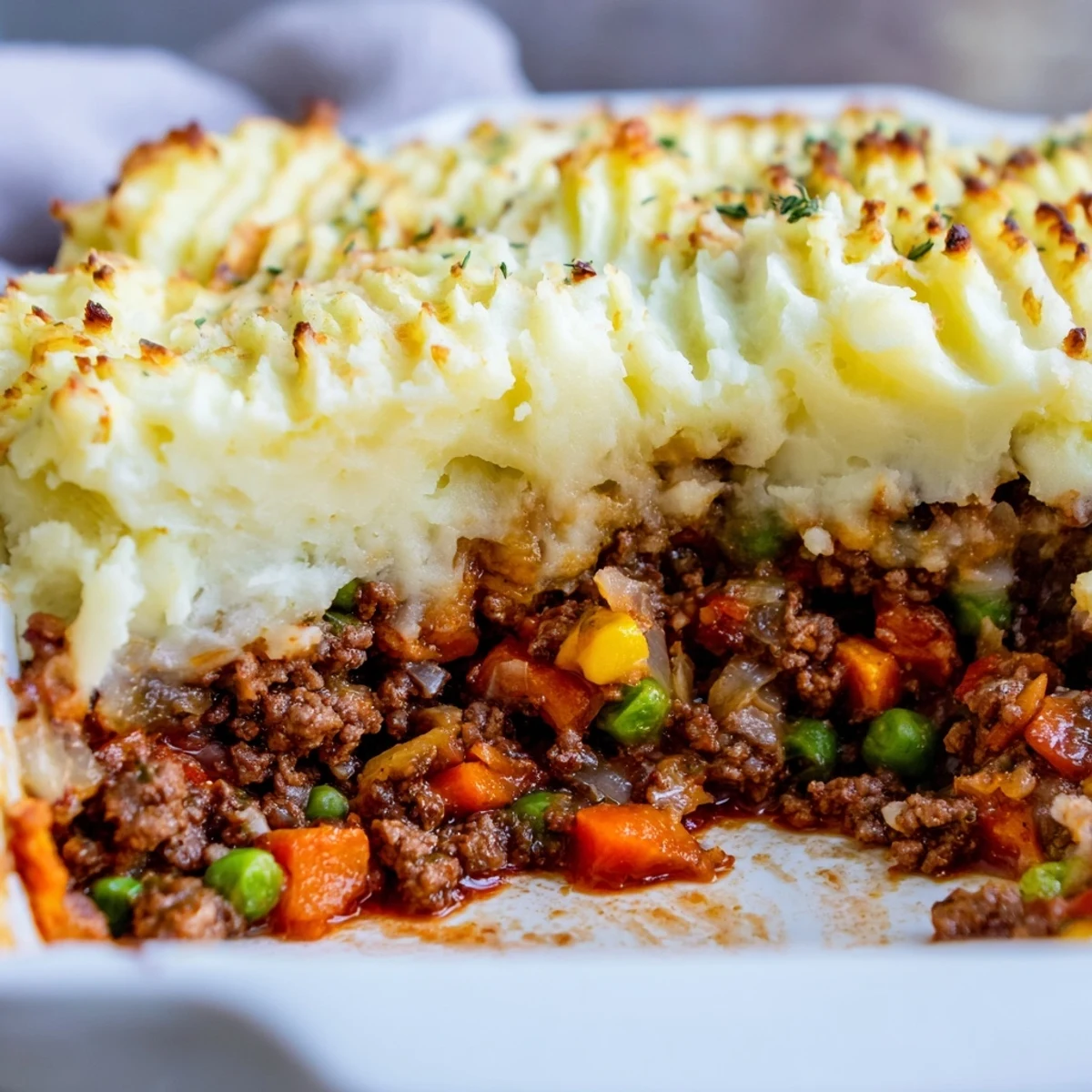 A close-up of St. Patrick's Day Shepherd's Pie with Lamb, revealing rich gravy and fluffy potato peaks on top.