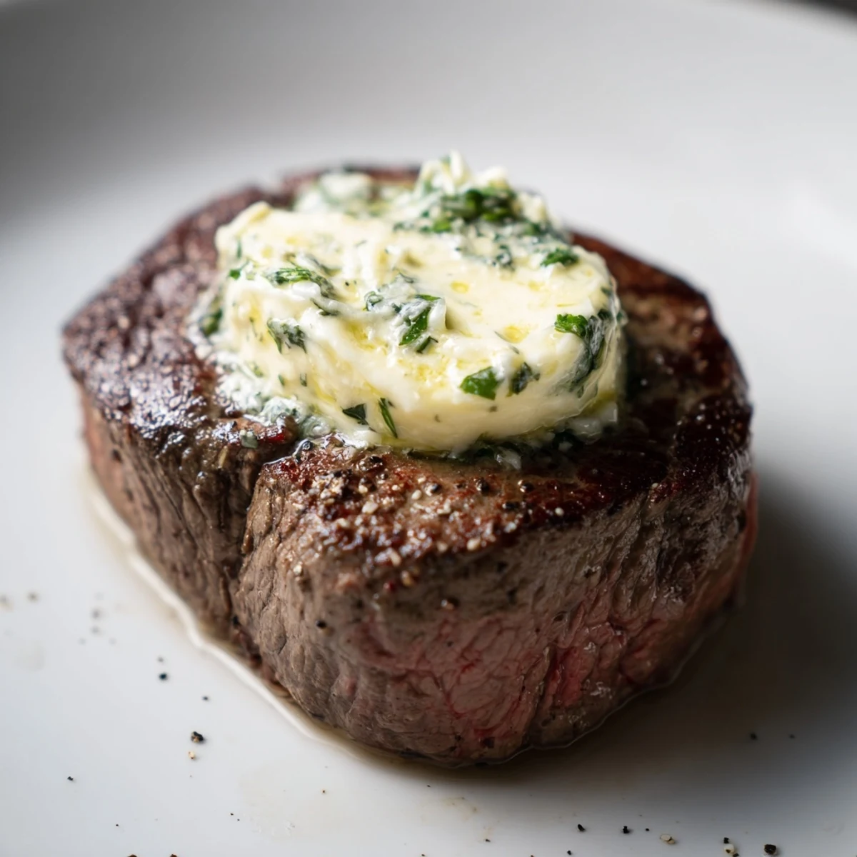 Juicy, pan-seared filet mignon topped with melting garlic herb butter, served on a plate for a romantic dinner.