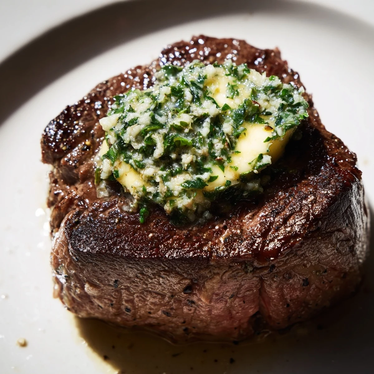 Perfectly seared filet mignon drizzled with garlic herb butter, plated beside asparagus for an elegant special occasion meal.