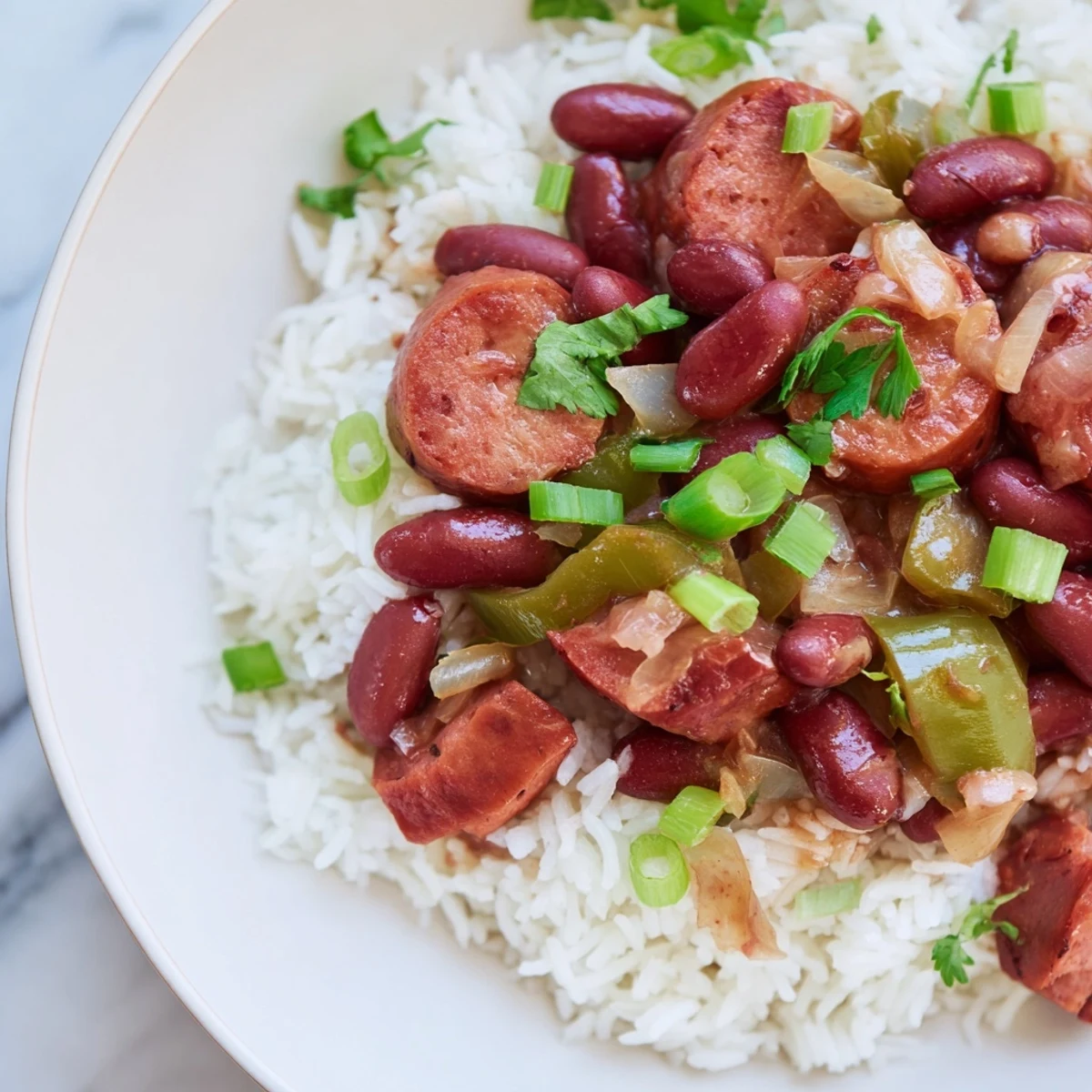 Louisiana Style Red Beans and Rice served in a rustic bowl, topped with fresh green onions and parsley.