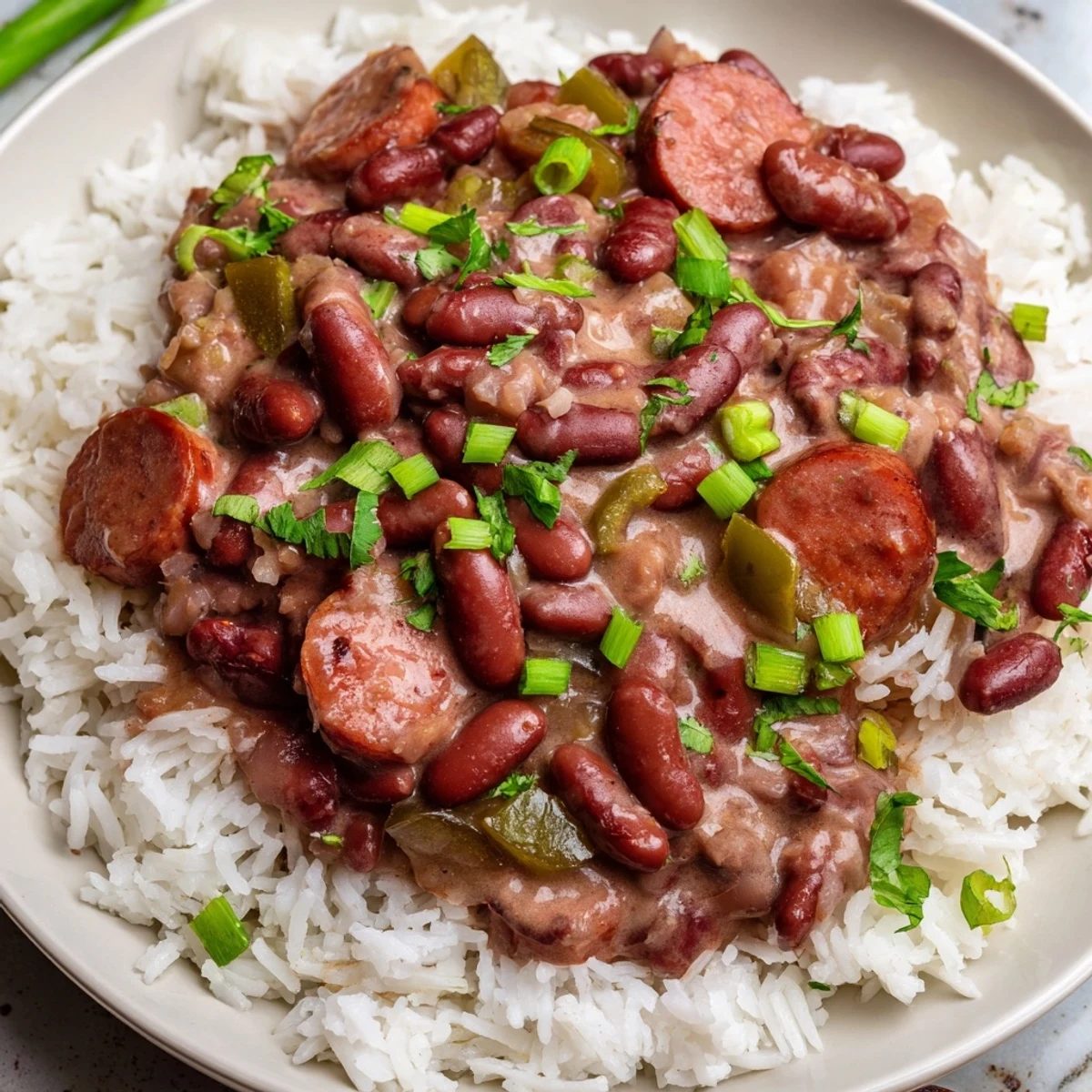 A hearty bowl of Louisiana Style Red Beans and Rice, featuring smoky andouille sausage and tender beans.