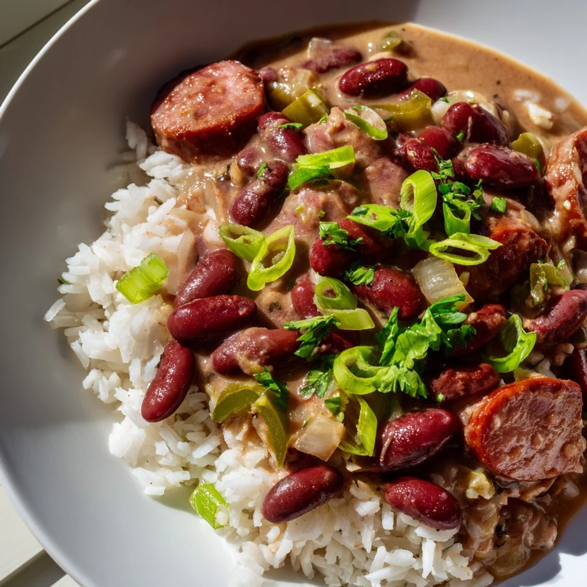 Creamy Louisiana Style Red Beans and Rice, prepared with aromatic vegetables and served alongside fluffy white rice.