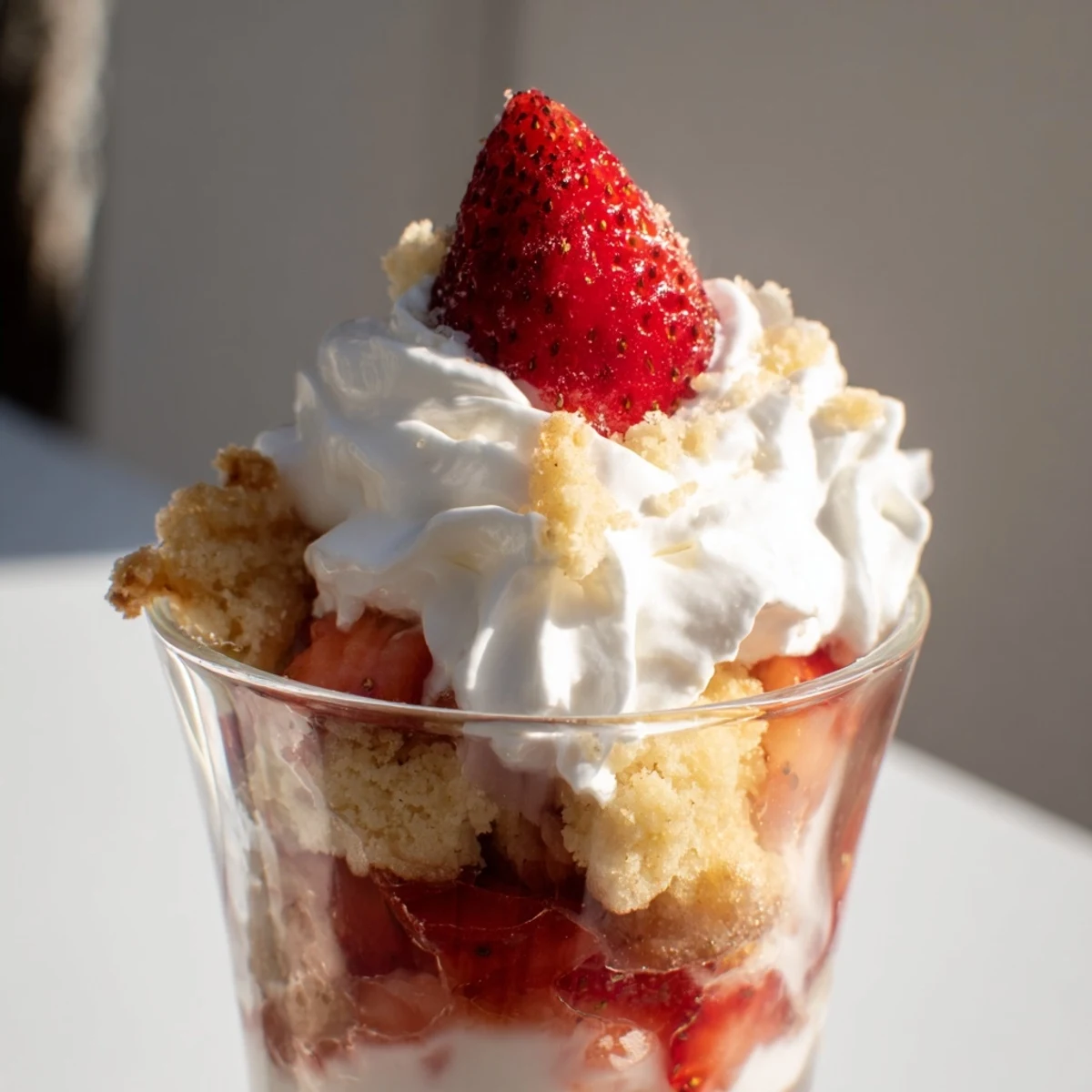 Sweetheart Strawberry Shortcake Parfaits layered in a glass with crumbled biscuits, fresh strawberries, and whipped cream.
