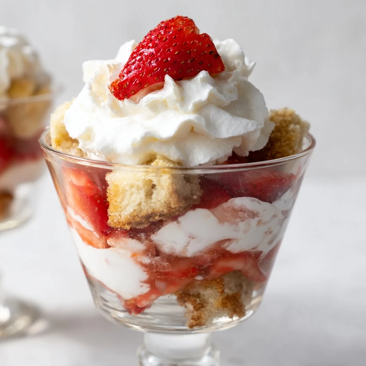 Clear view of Sweetheart Strawberry Shortcake Parfaits featuring golden shortcake crumbles and vibrant red berries.