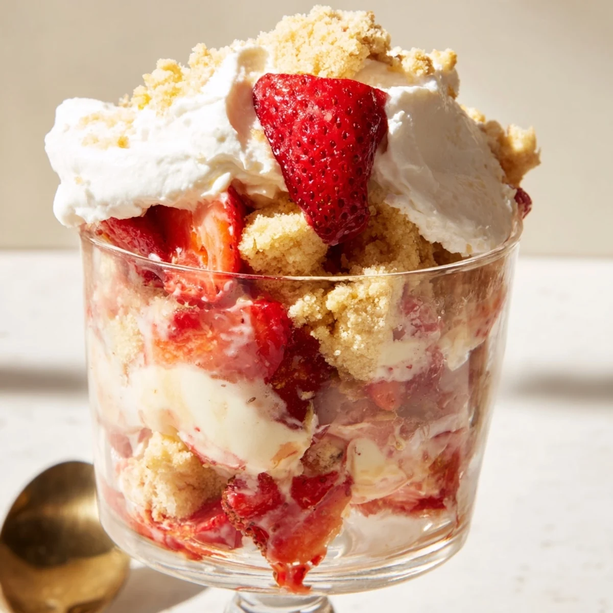 Sweetheart Strawberry Shortcake Parfaits topped with billowy whipped cream and a glossy strawberry slice, ready to serve.