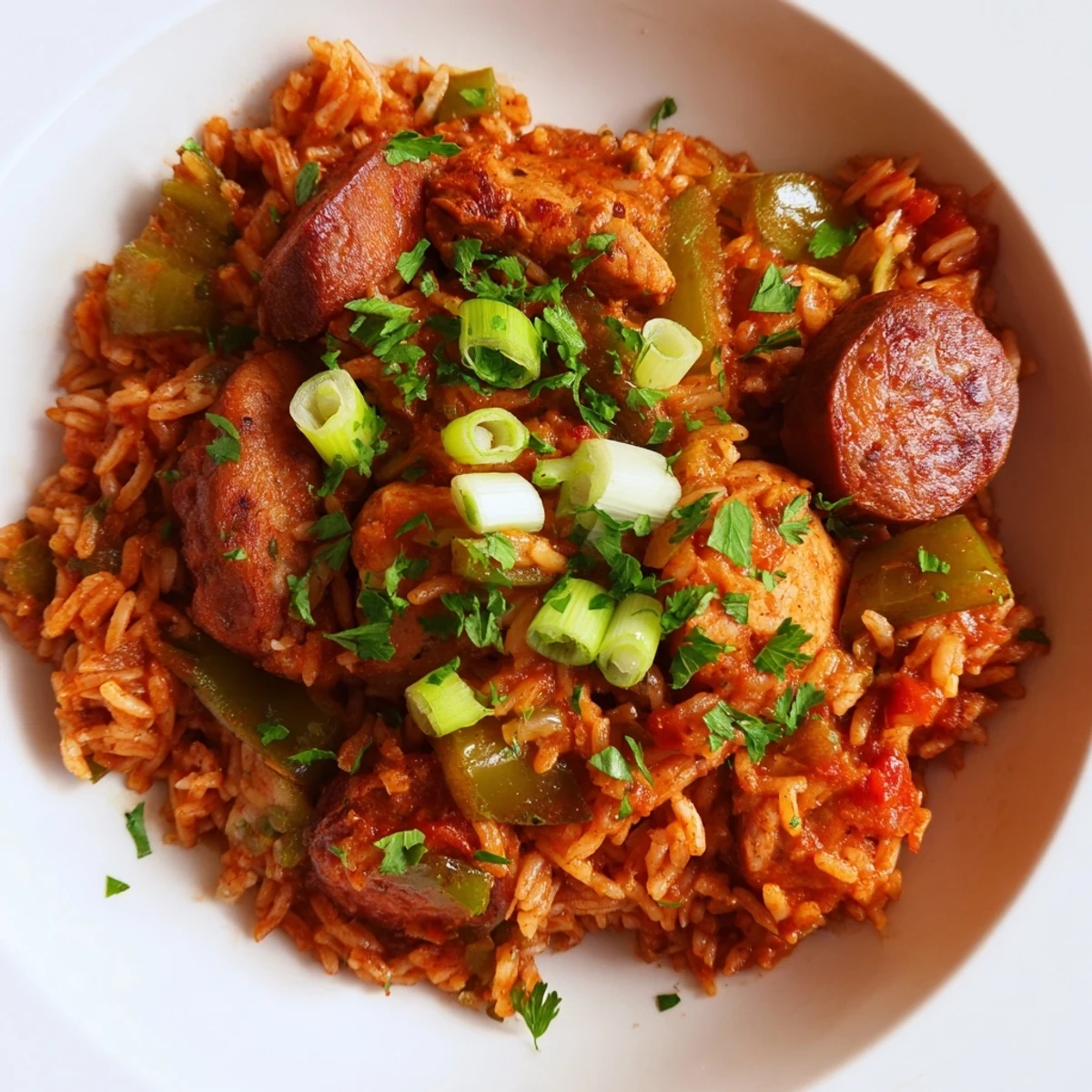 Savory Creole Jambalaya with Chicken and Halal Sausage simmered in a rich, spicy tomato sauce in a Dutch oven. 