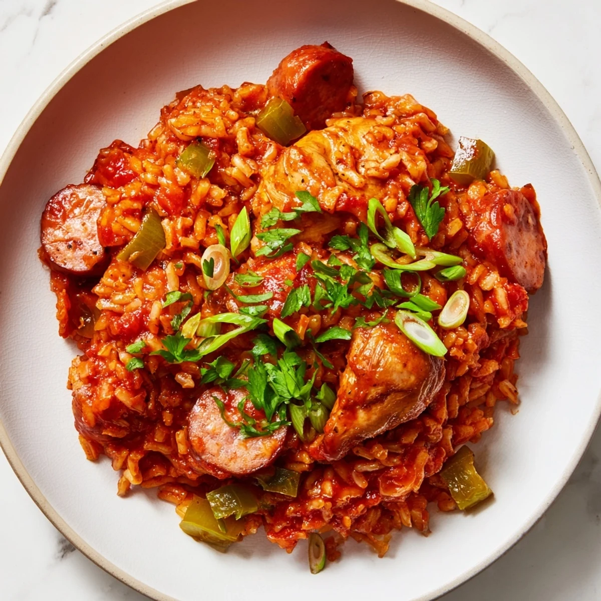 Close-up of Creole Jambalaya with Chicken and Halal Sausage, featuring tender meat and vibrant vegetables over rice. 