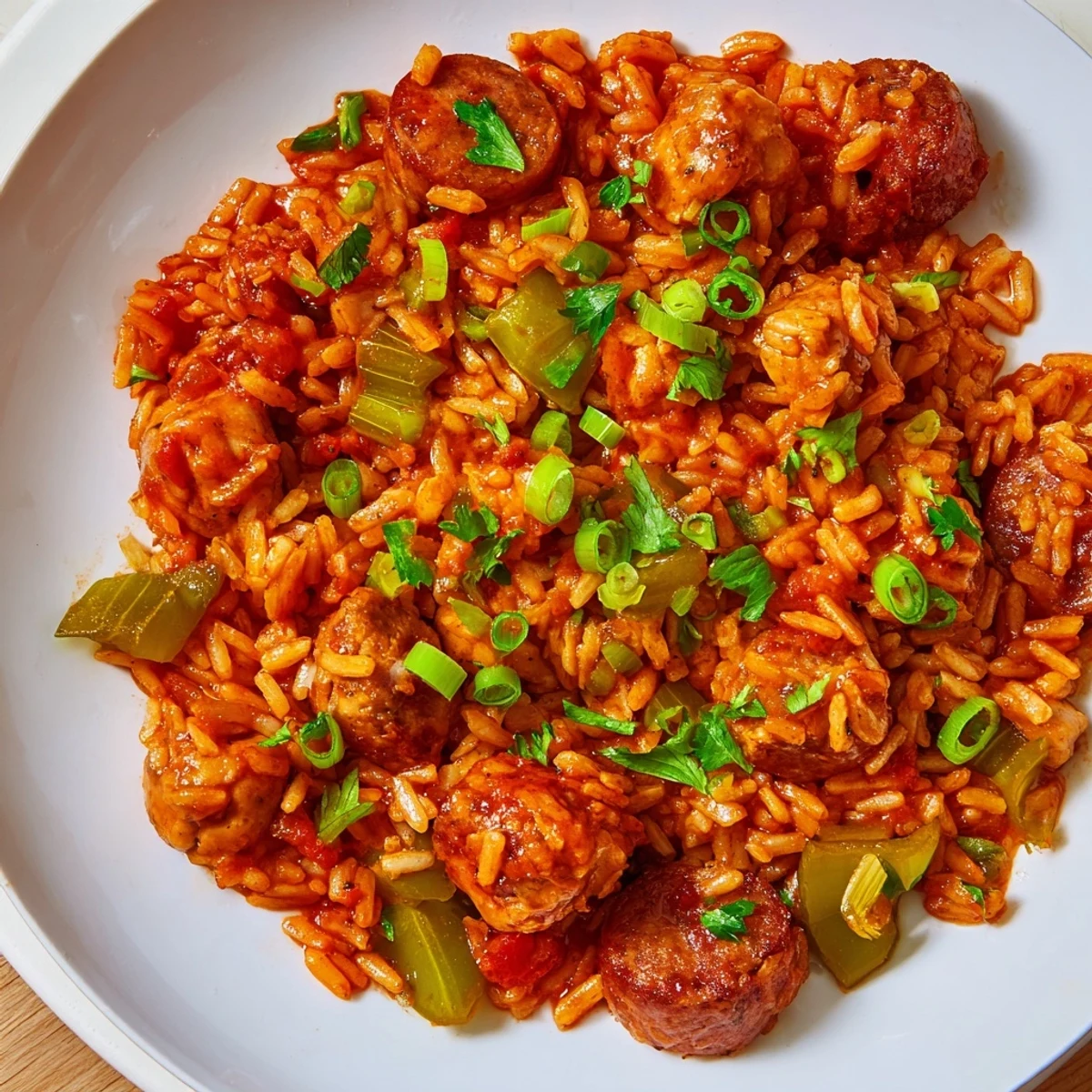 Plated Creole Jambalaya with Chicken and Halal Sausage garnished with fresh parsley and spring onions, ready to serve.