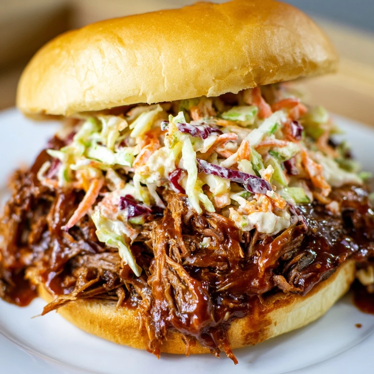 Savory slow-cooked beef sandwiches ready to serve, featuring crisp red and green cabbage slaw on soft buns.