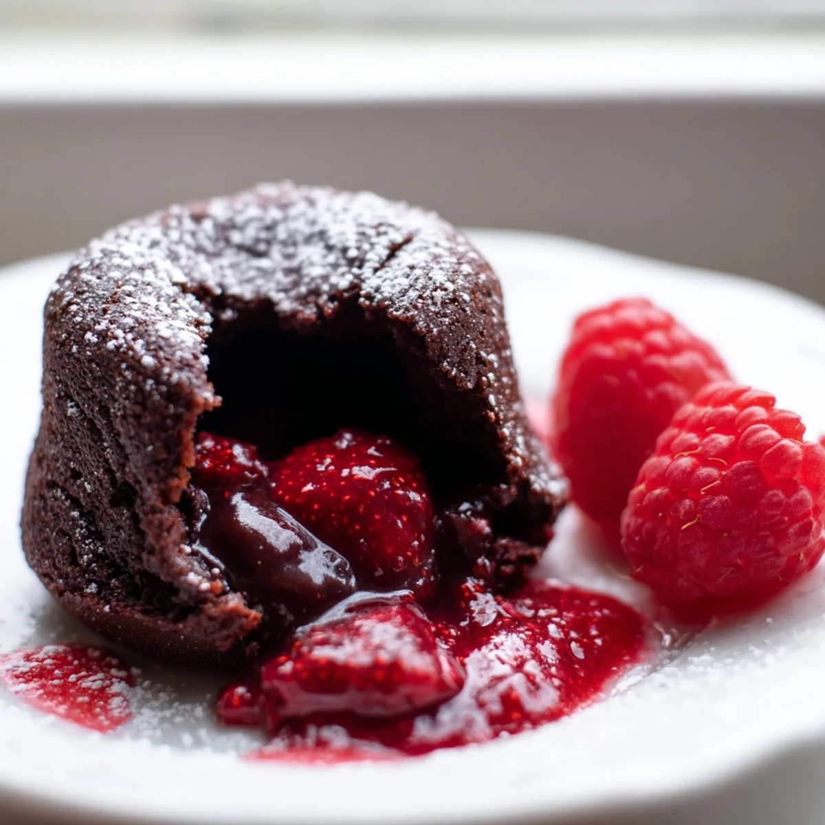 Chocolate Lava Cakes with Raspberry Sauce plated with powdered sugar and a scoop of vanilla ice cream melting.