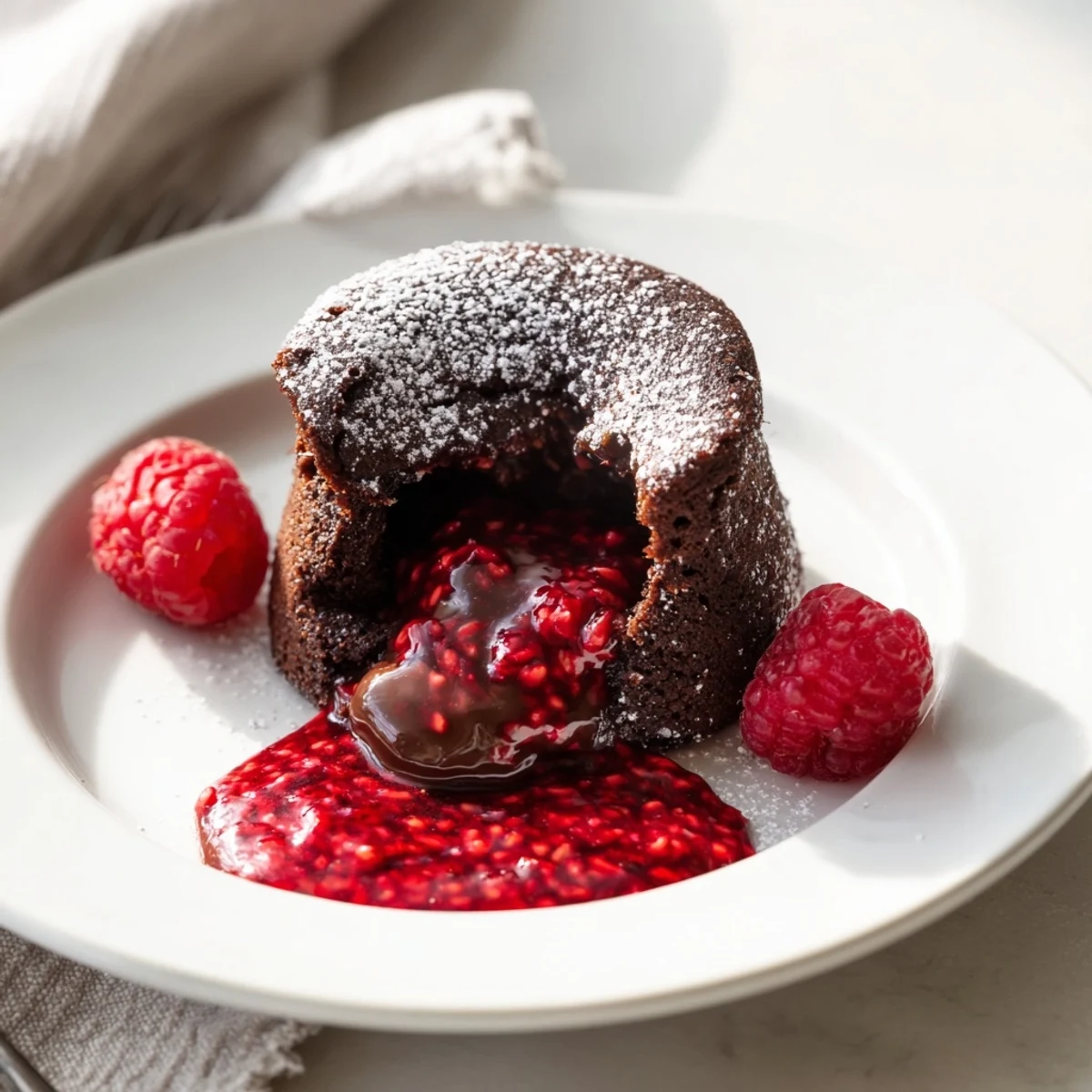 Rich Chocolate Lava Cakes with Raspberry Sauce reveal gooey centers as the vibrant sauce gets spooned over top.