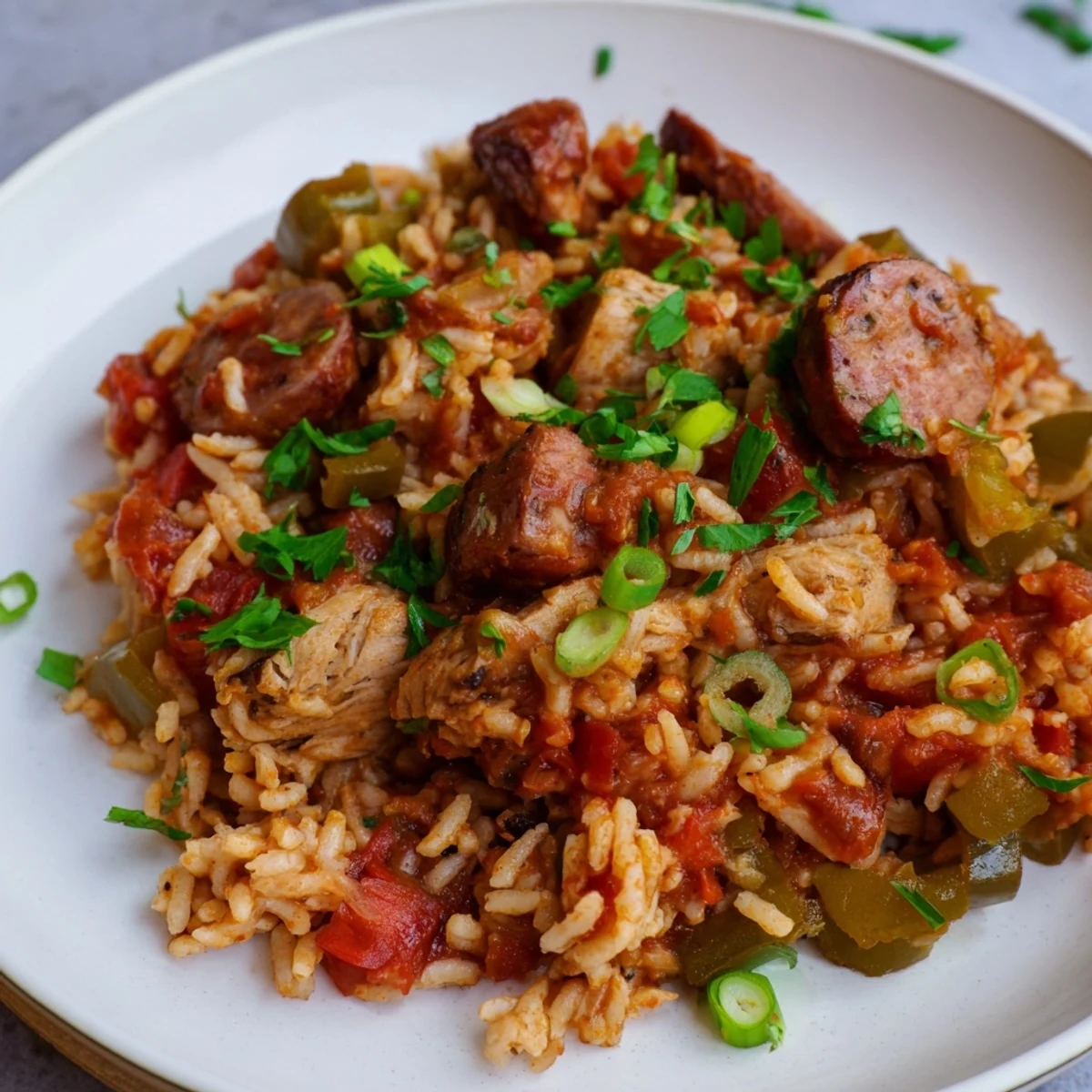 Jambalaya with Chicken and Beef Sausage served with lemon wedges, showcasing tender meat and perfectly cooked rice in a rustic bowl.