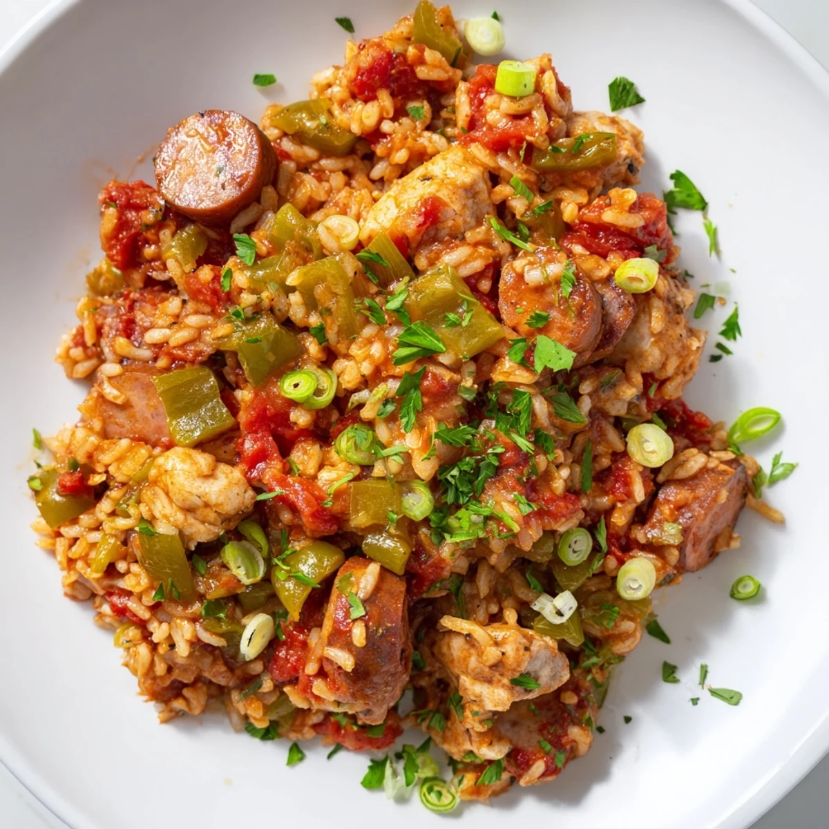 Steaming bowl of homemade Creole Jambalaya with chicken and beef sausage, garnished with fresh parsley and green onions.