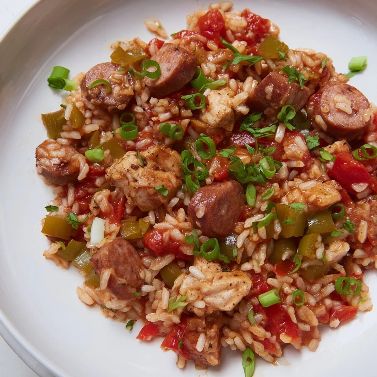 Fork-ready Jambalaya with Chicken and Beef Sausage featuring bell peppers and onions, a hearty Creole one-pot meal ready to enjoy.