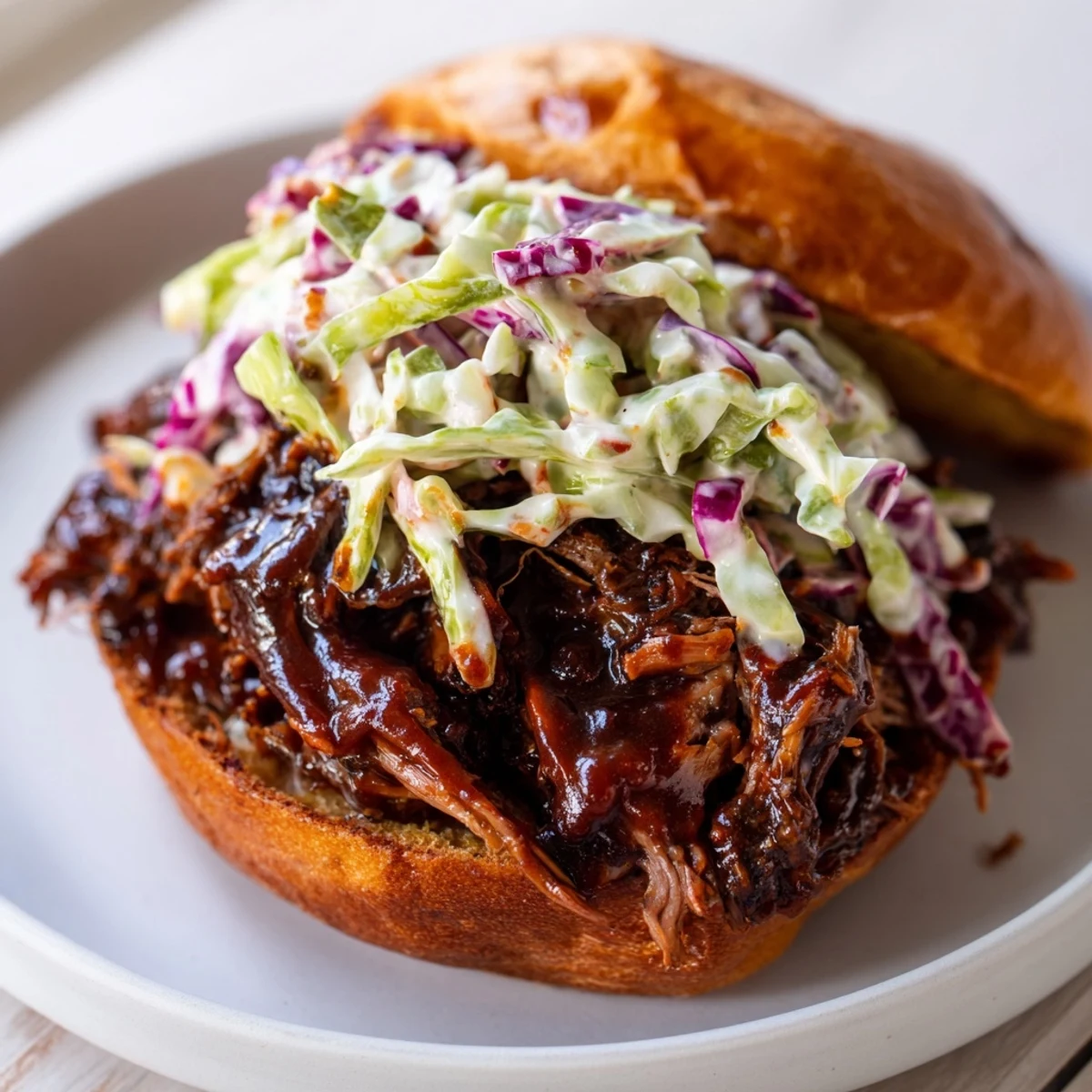 A close-up of slow roasted pulled beef sandwiches on brioche buns, topped with creamy coleslaw.