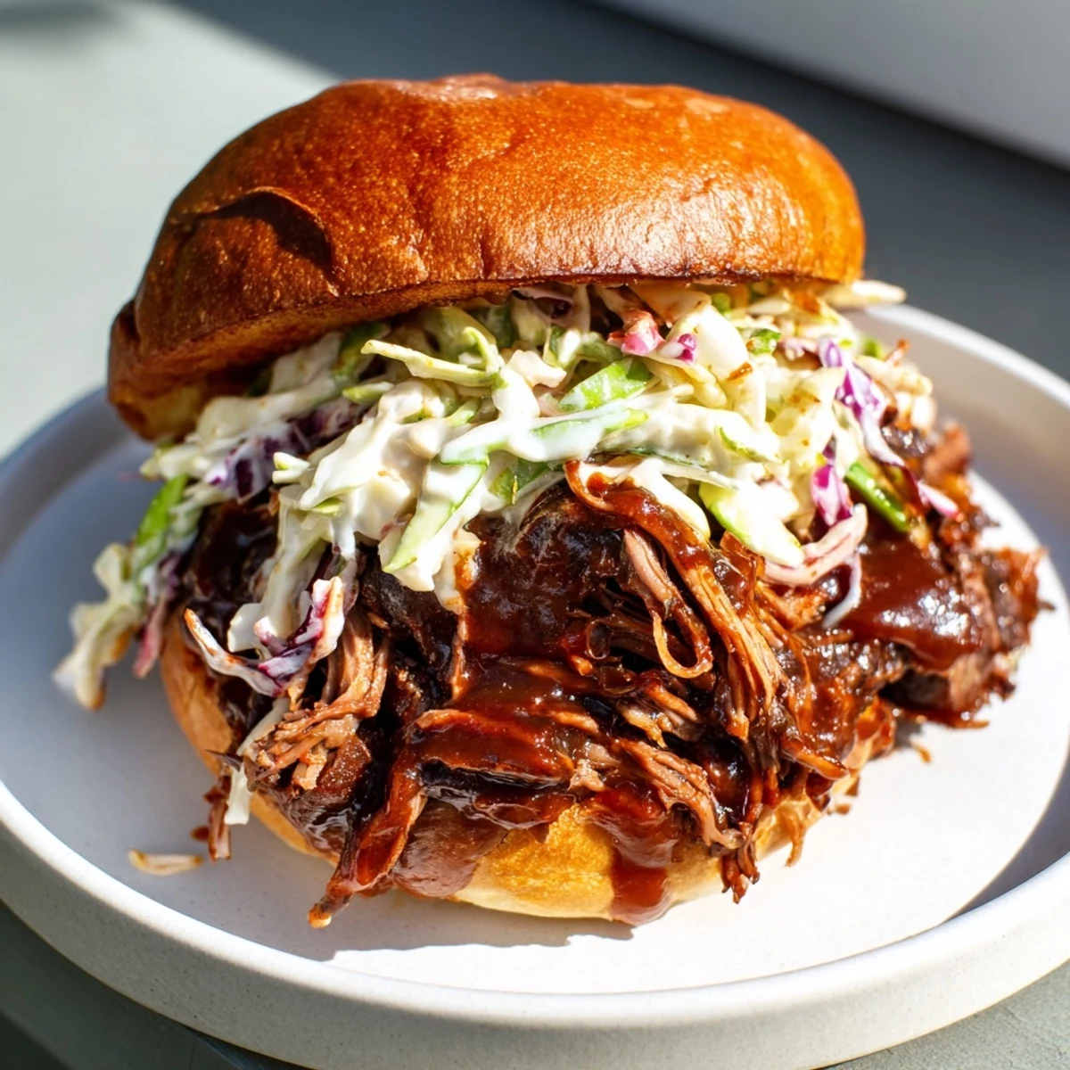 Fork-tender slow roasted pulled beef piled high on a toasted bun with tangy slaw.