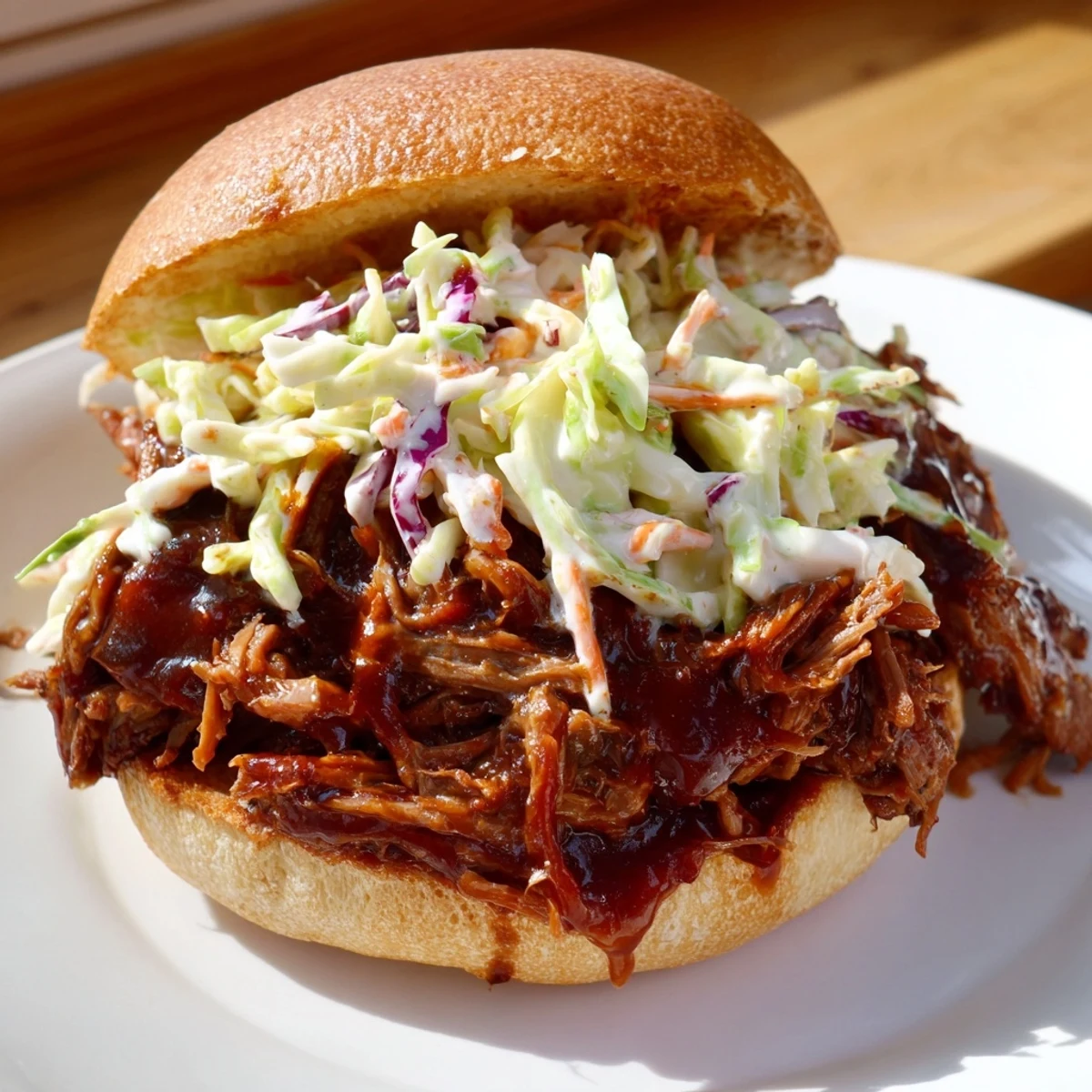 Juicy slow roasted pulled beef sandwiches, served hot with extra barbecue sauce on the side.