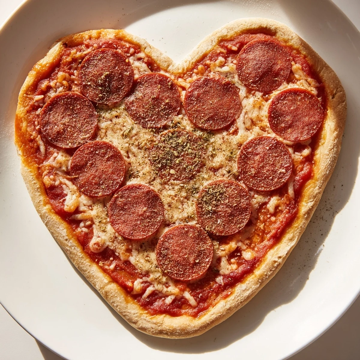Freshly baked Heart Shaped Pepperoni Pizza sits on a wooden board with melty mozzarella and golden crust.