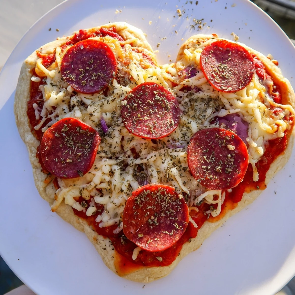 A romantic Heart Shaped Pepperoni Pizza with beef pepperoni, basil garnish, and rich tomato sauce for two.