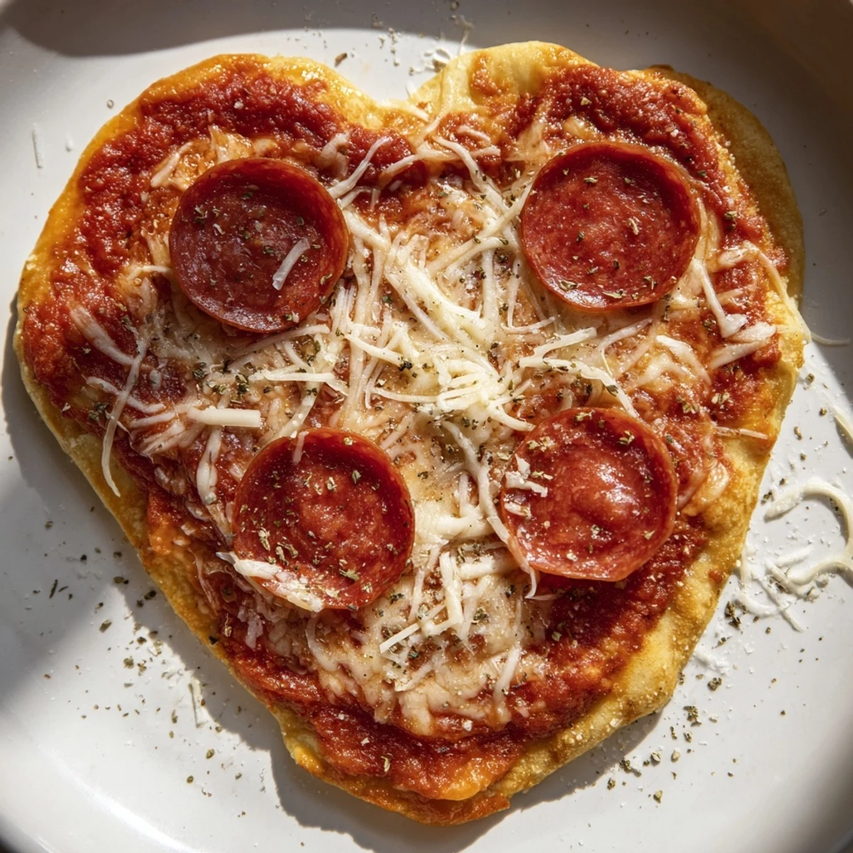 Sliced Heart Shaped Pepperoni Pizza shows gooey cheese and savory beef pepperoni on a festive heart-shaped crust.