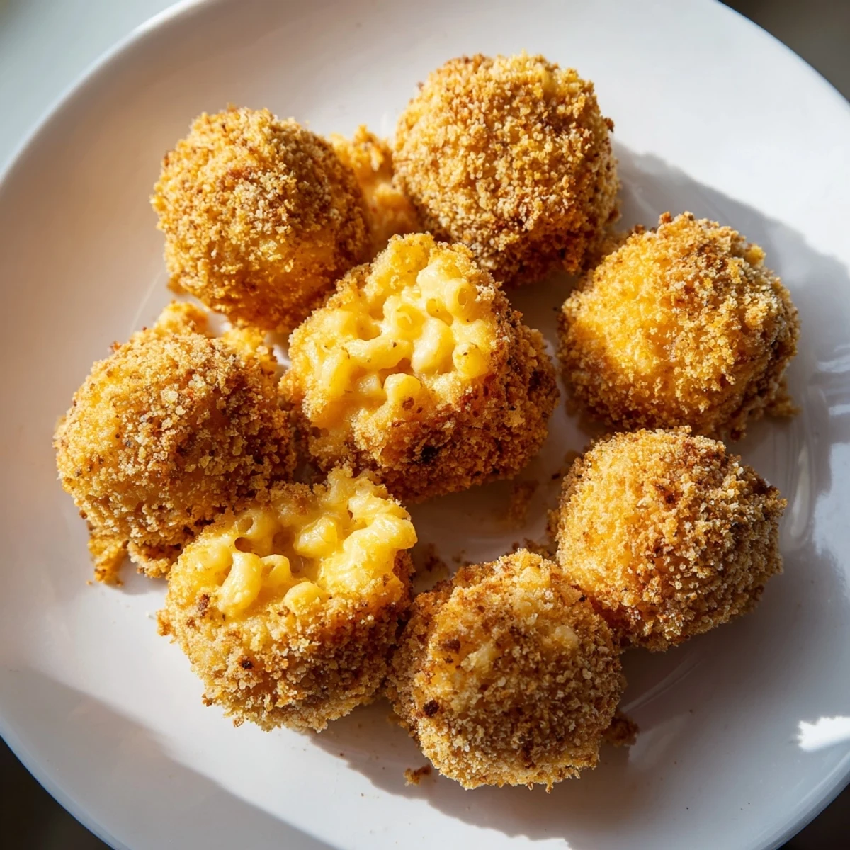 Golden brown fried macaroni and cheese balls are crunchy outside and creamy inside, ready for dipping.