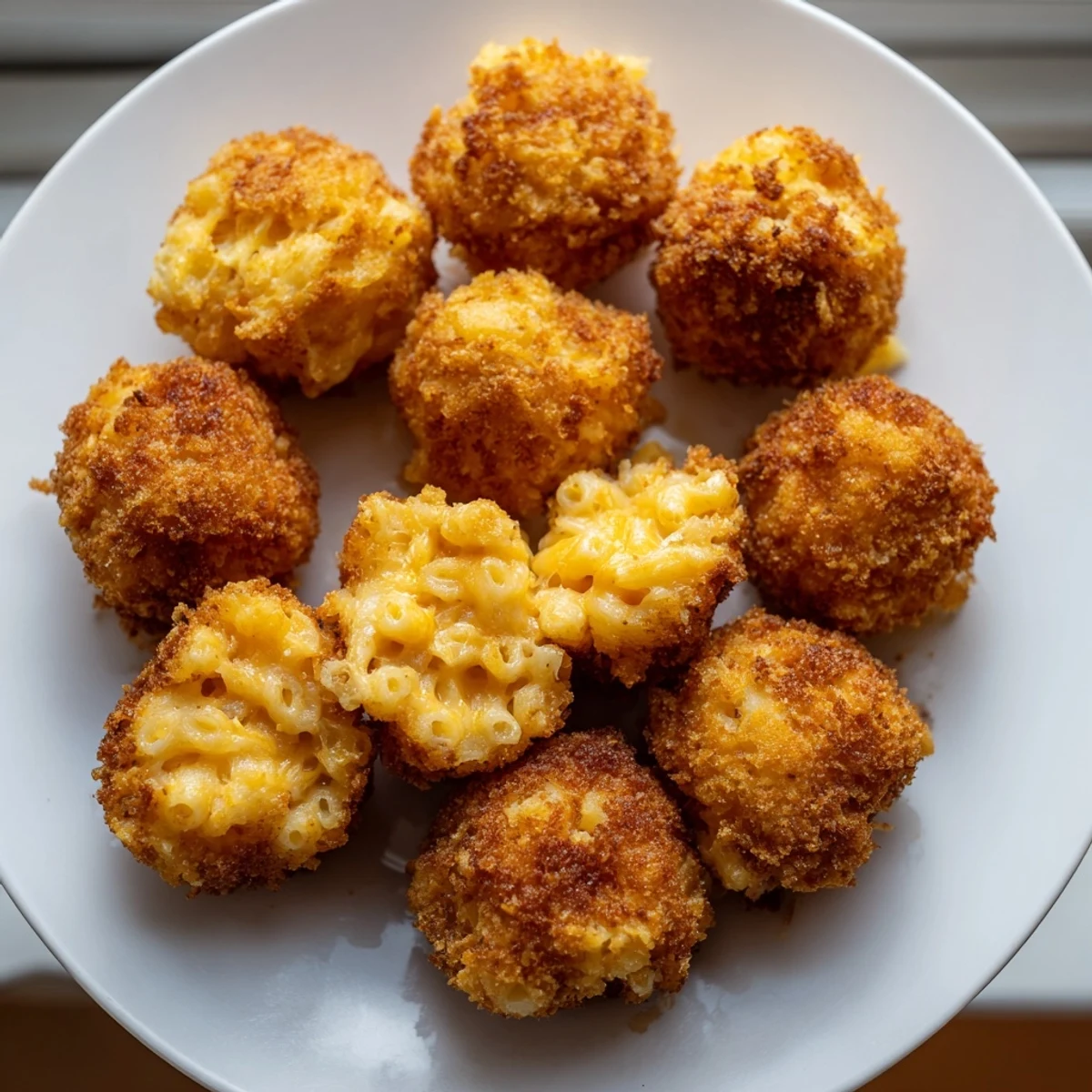 A platter of homemade fried macaroni and cheese balls with marinara sauce for a crowd-pleasing appetizer.