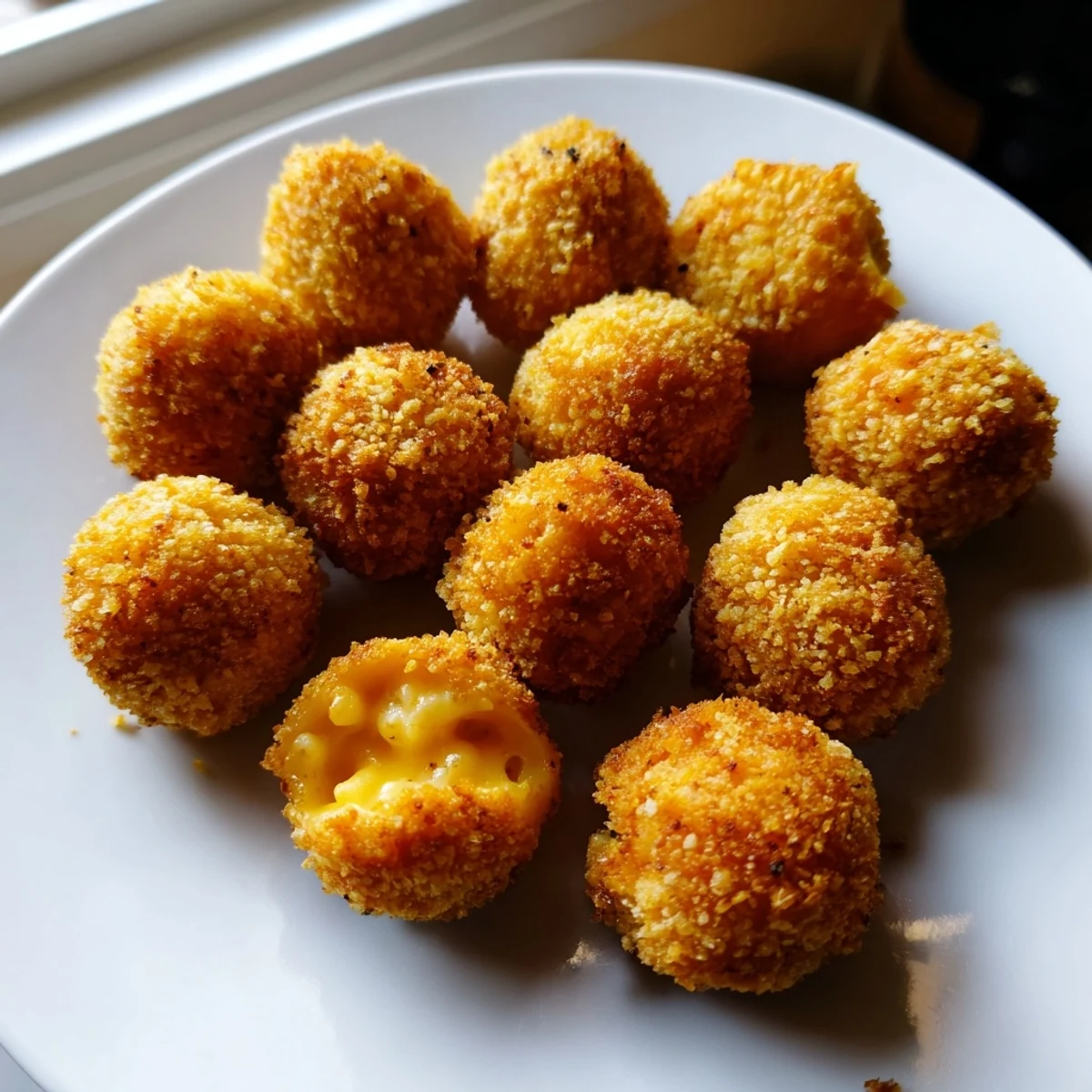 Close-up of golden fried macaroni and cheese balls showing a cheesy, melty interior, perfect for game day.