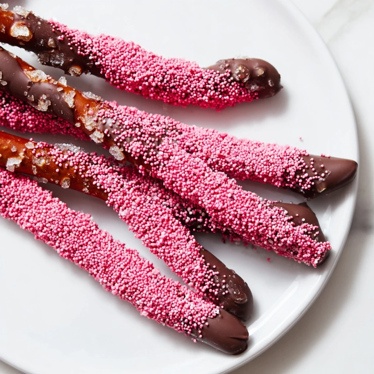 Chocolate Dipped Pretzels with Pink Sprinkles arranged on a white plate, perfect for party snacking.