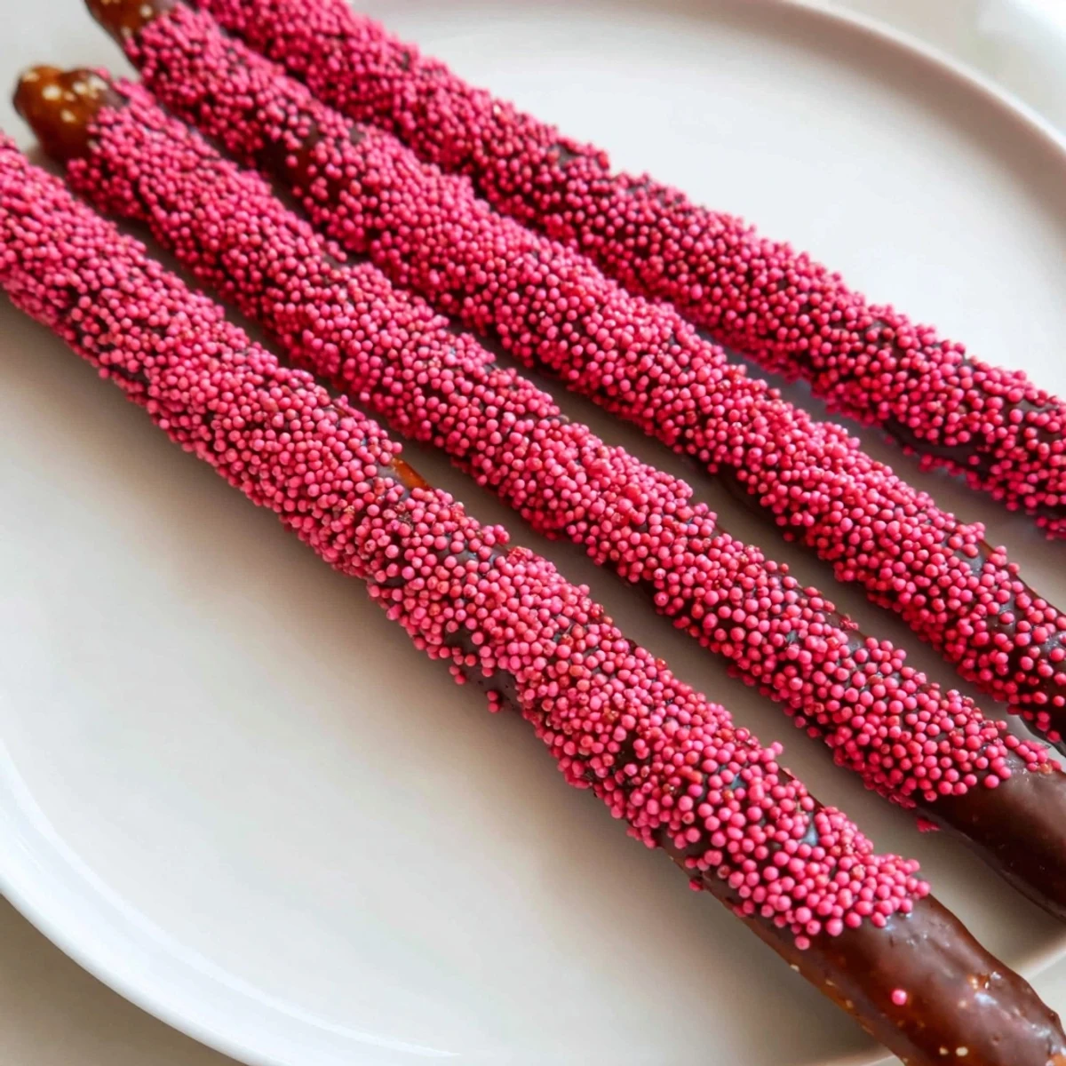 Salty pretzel rods dipped in chocolate and topped with cheerful pink sprinkles on a marble surface.