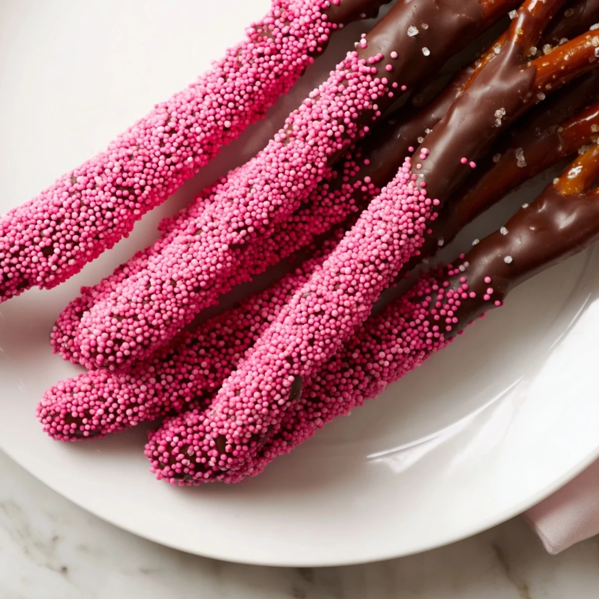 Close-up of Chocolate Dipped Pretzels with Pink Sprinkles glistening, ready to serve or gift.