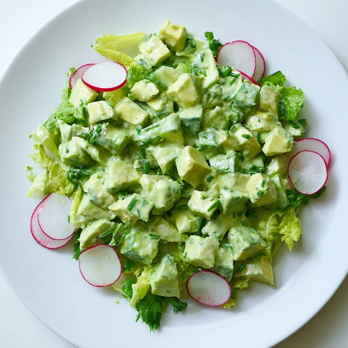 A vibrant Green Goddess Salad with diced avocado and crisp cucumber, drizzled with creamy herb dressing.