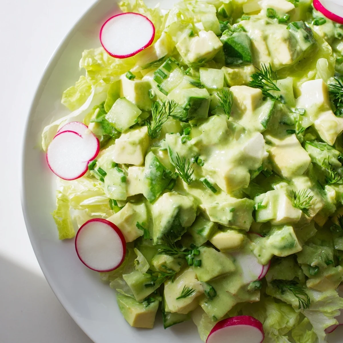 Chopped romaine, radishes, and scallions tossed in fresh Green Goddess Salad dressing with avocado and cucumber.