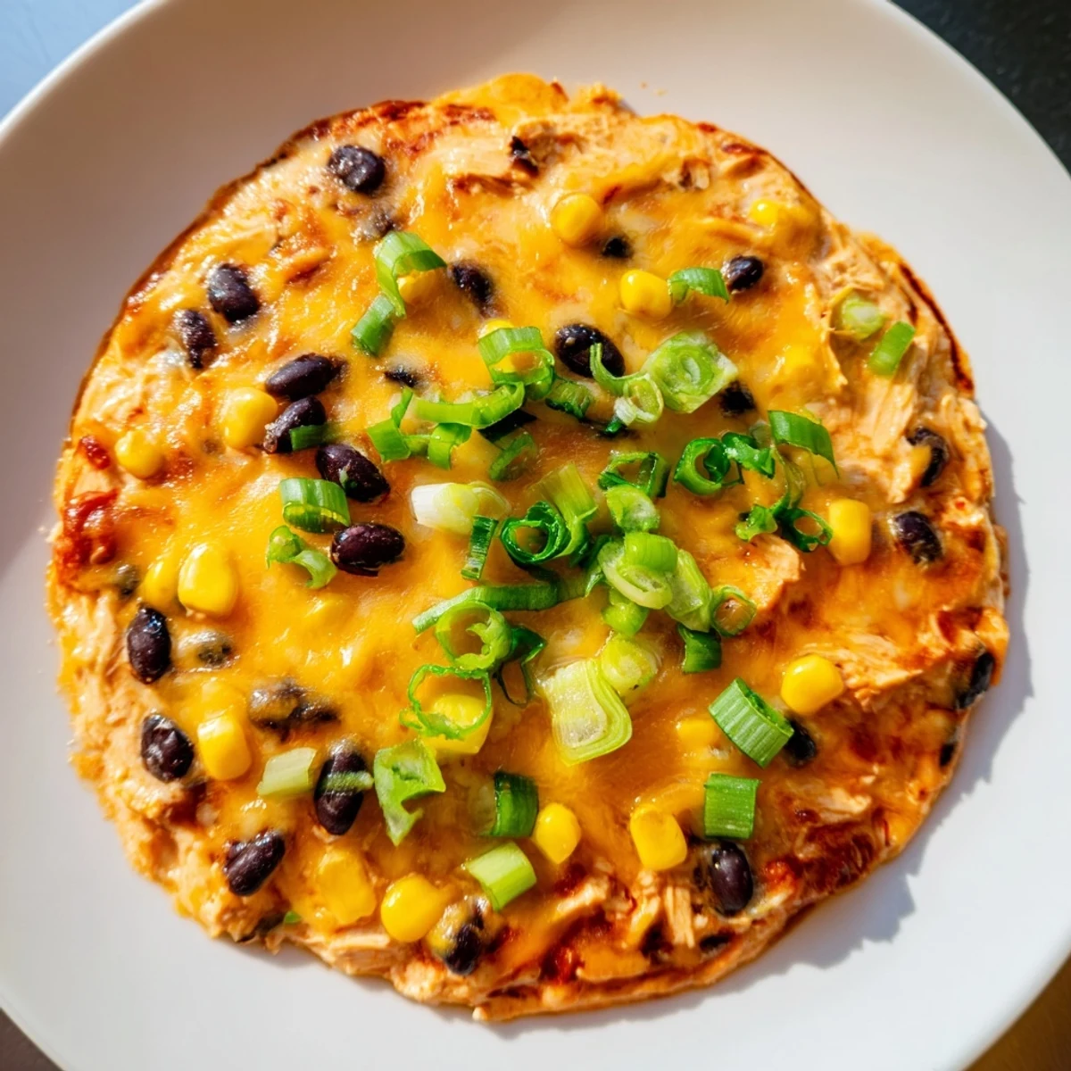 Freshly baked Chicken Enchilada Dip with vibrant jalapeños, corn, and cilantro garnish on a rustic table.