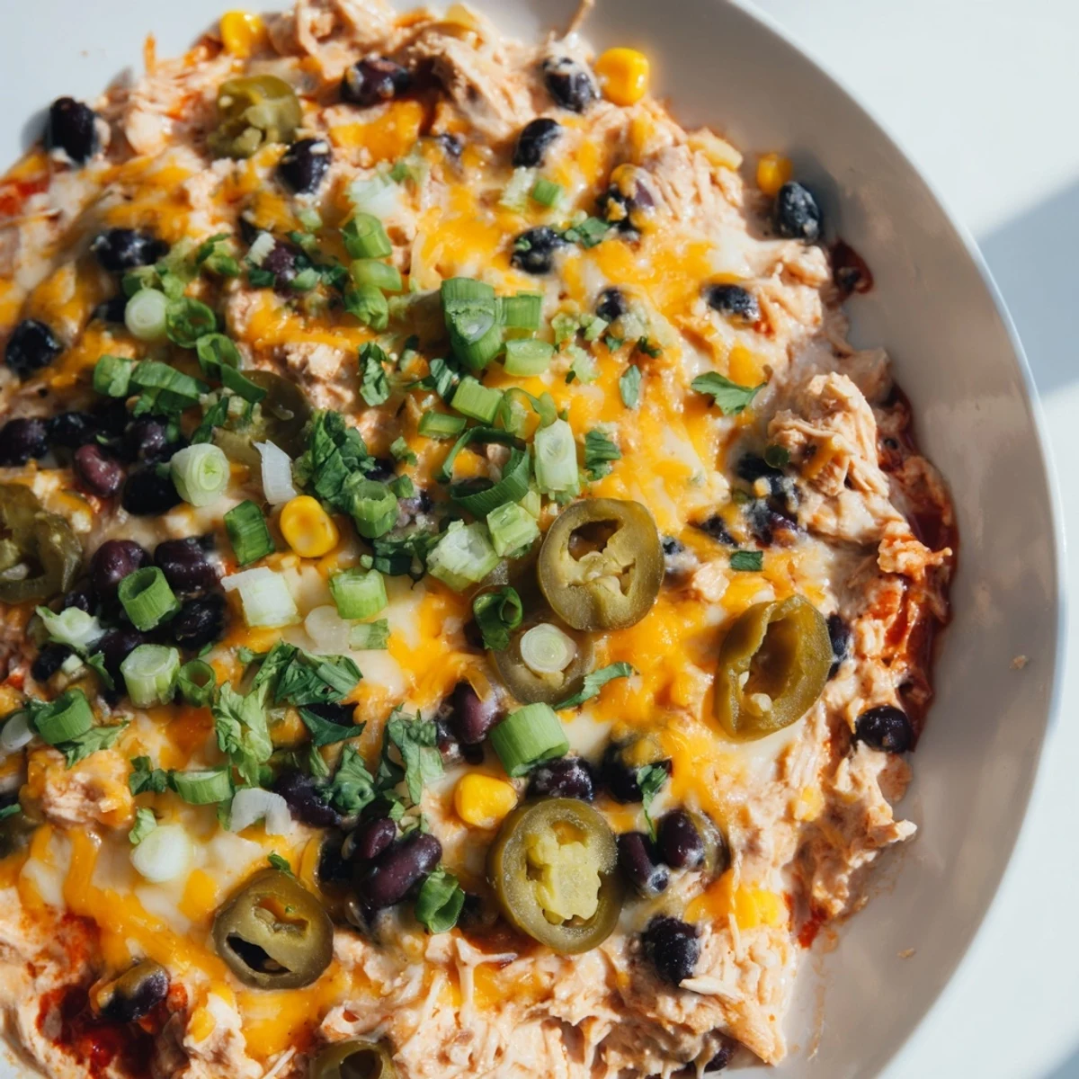 Creamy, cheesy Chicken Enchilada Dip bubbling from the oven, topped with green onions and ready to serve.