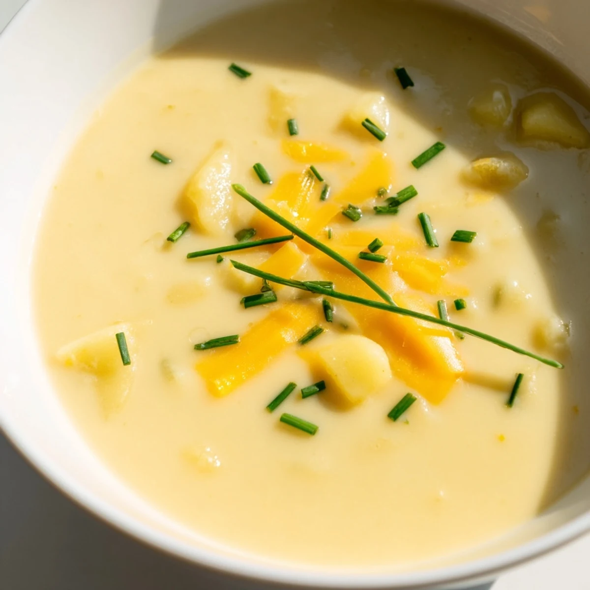 Creamy Irish Potato Leek Soup with Cheddar in a rustic bowl, topped with fresh chives and melted cheese, ready to serve.