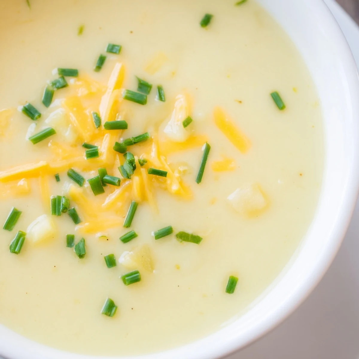 Ladle pouring smooth Irish Potato Leek Soup with Cheddar into a warm bowl, garnished with sharp cheese and parsley.