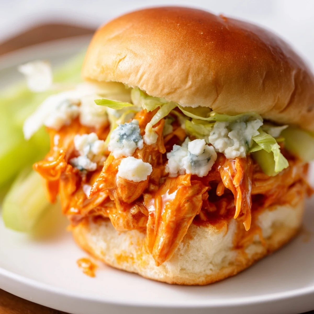 Freshly baked Buffalo Chicken Sliders with Blue Cheese, topped with crisp lettuce and celery on soft golden buns.