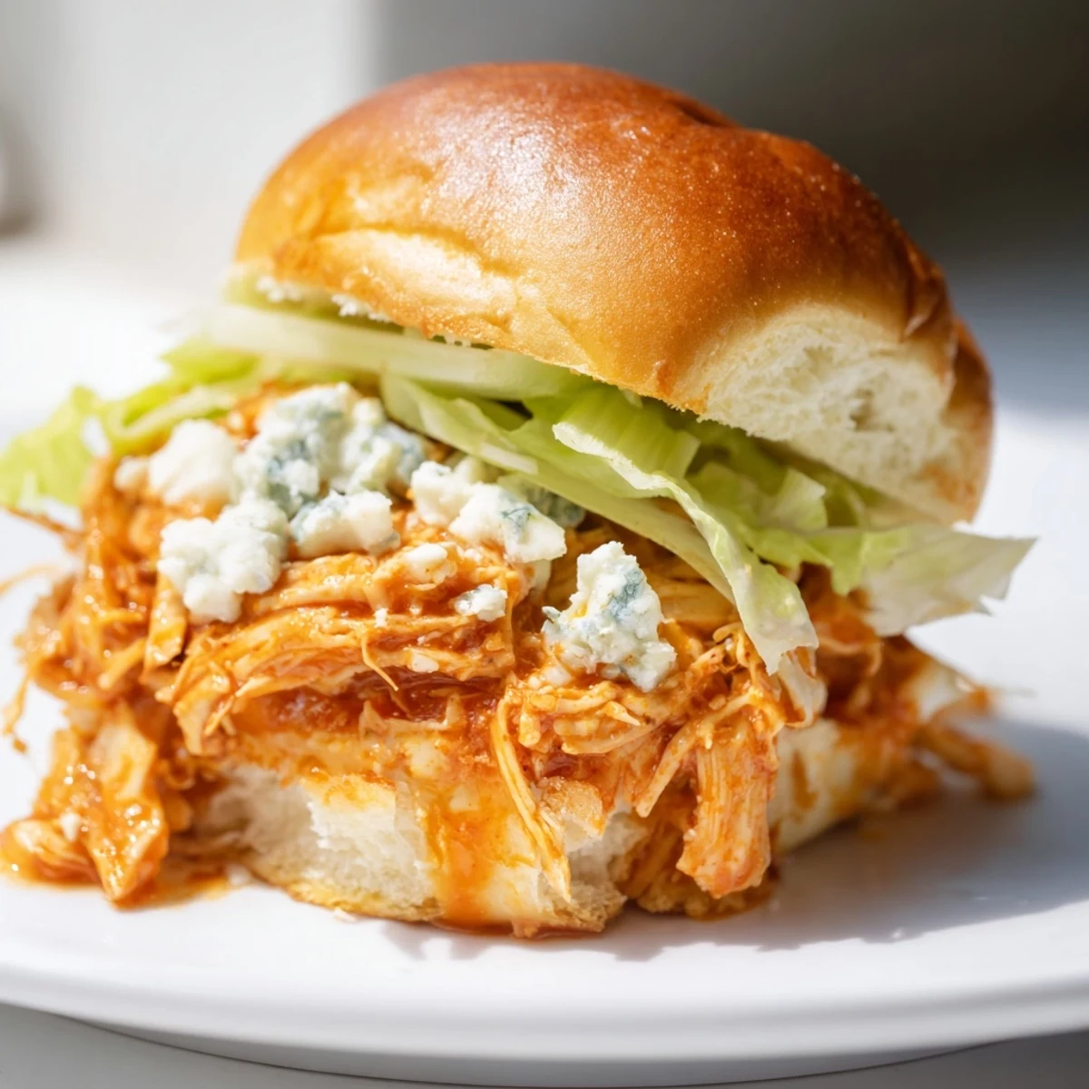 Close-up of Buffalo Chicken Sliders with Blue Cheese on a platter, ready for a game-day party or appetizer.