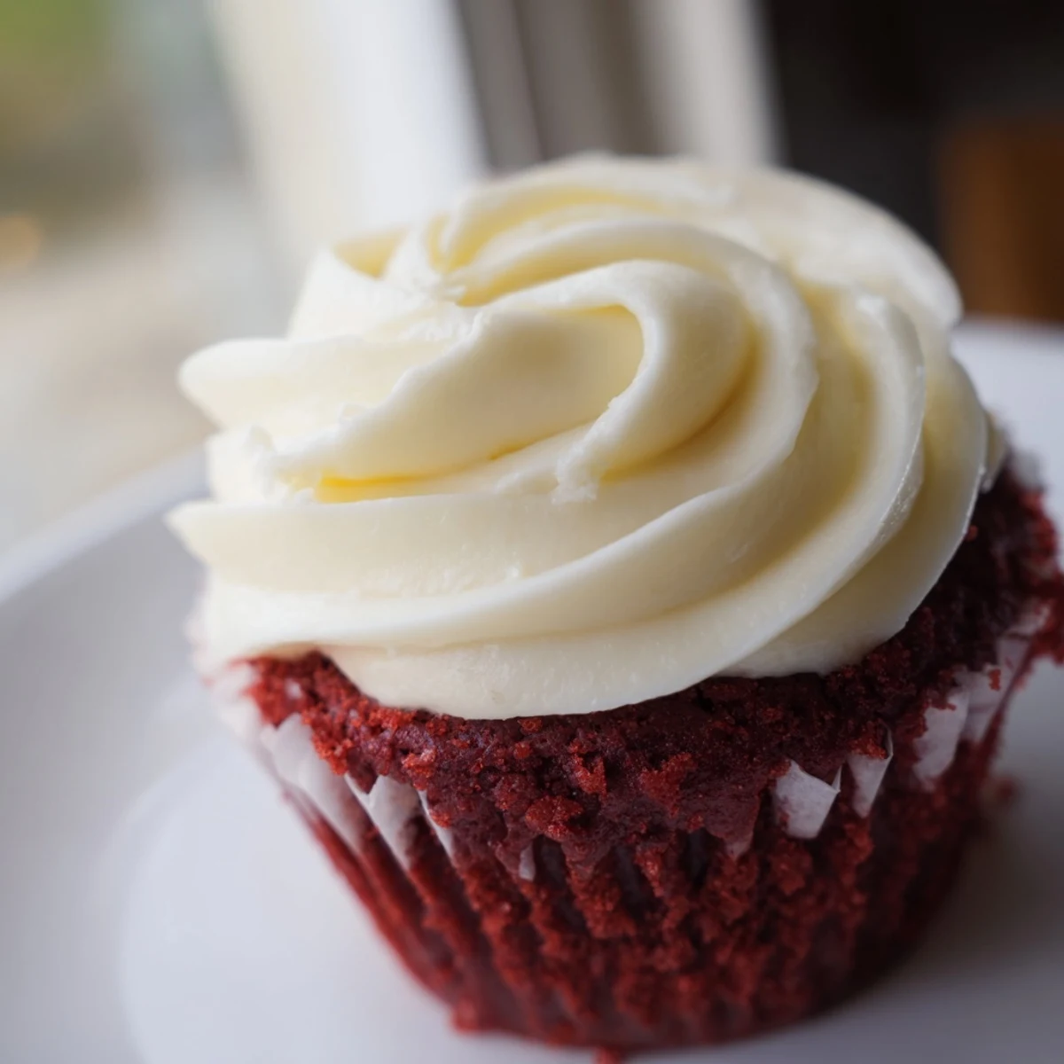 Moist, vibrant red velvet cupcakes with swirls of tangy cream cheese frosting, ideal for a festive party platter.
