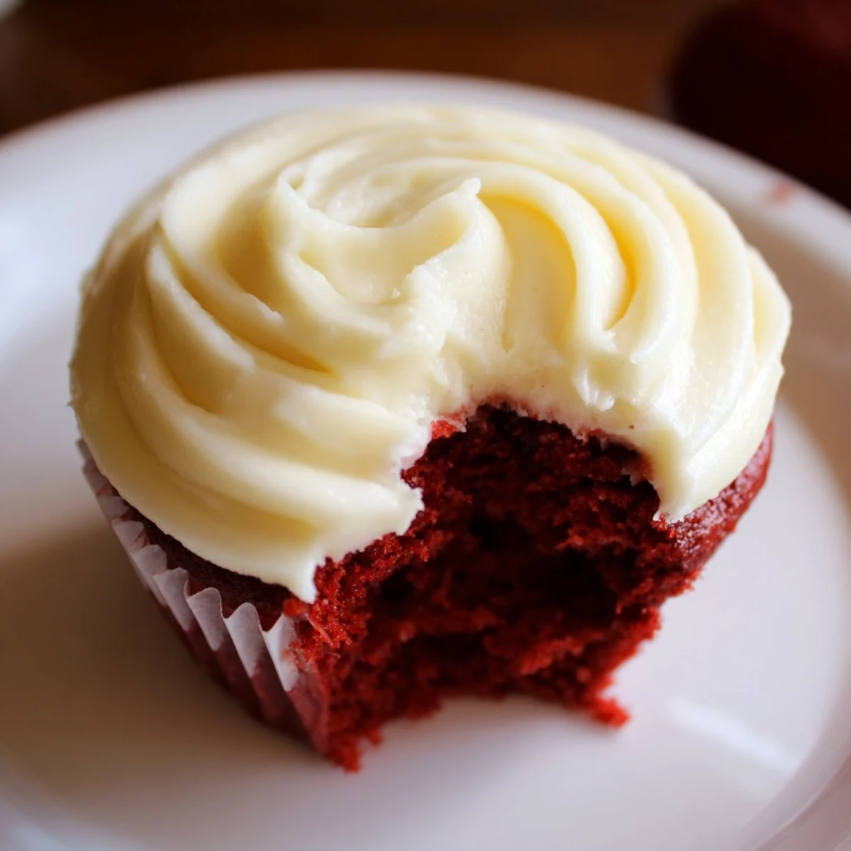 Tender red velvet cupcakes crowned with rich cream cheese frosting and a sprinkle of crumbs, served on a dessert plate.