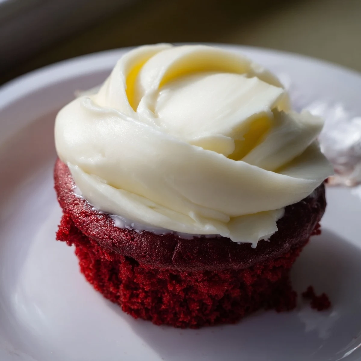 A close-up of fluffy red velvet cupcakes with smooth cream cheese frosting, perfect for celebrating special occasions.