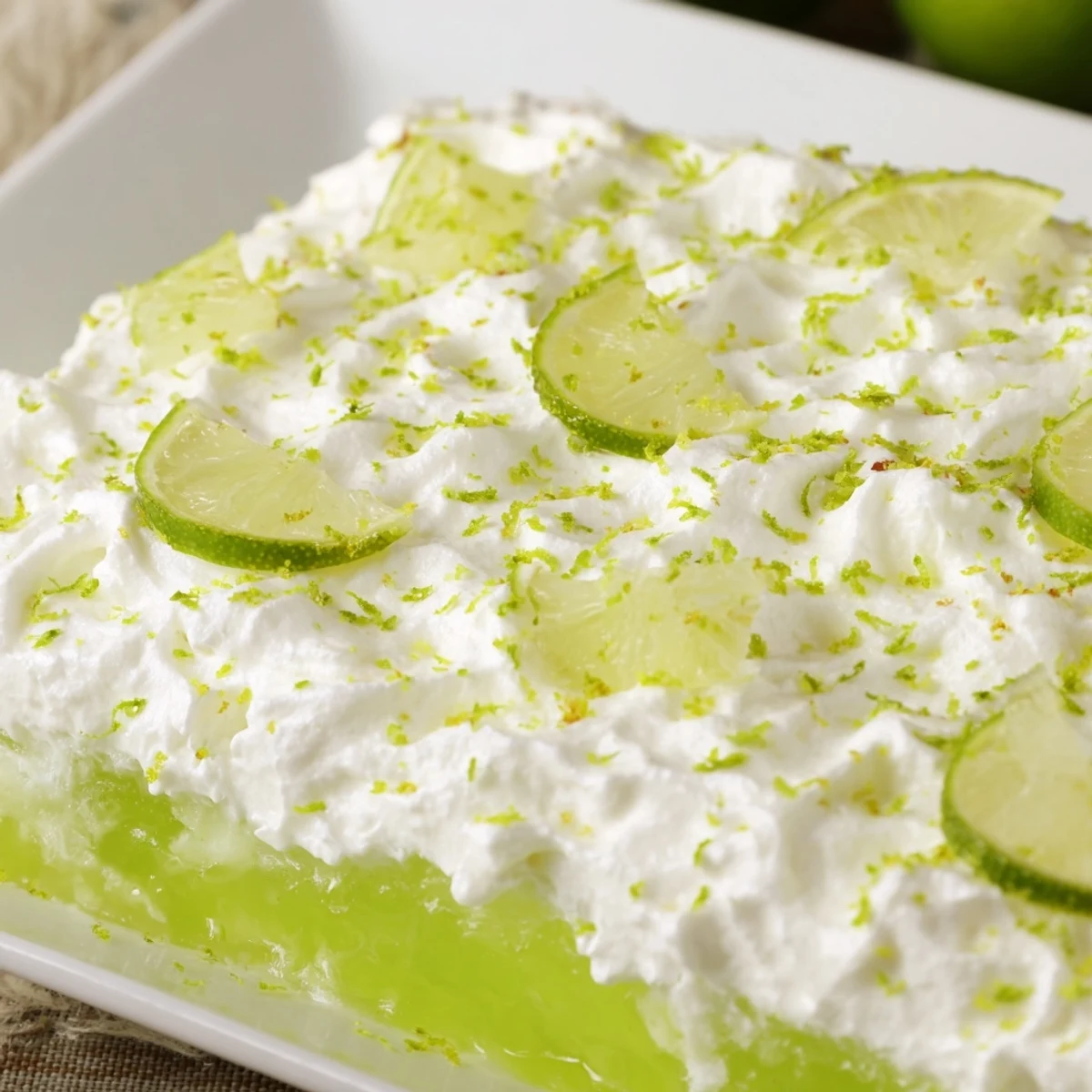A close-up of Lime Poke Cake with Whipped Topping shows airy cream topping and vibrant green lime zest.