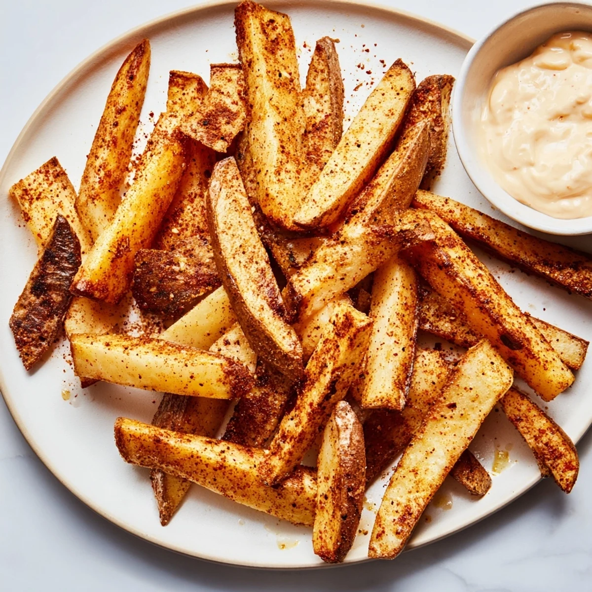 Close-up on crispy Cajun Spiced Fries with Remoulade Dip, highlighting the bold spices and creamy texture.