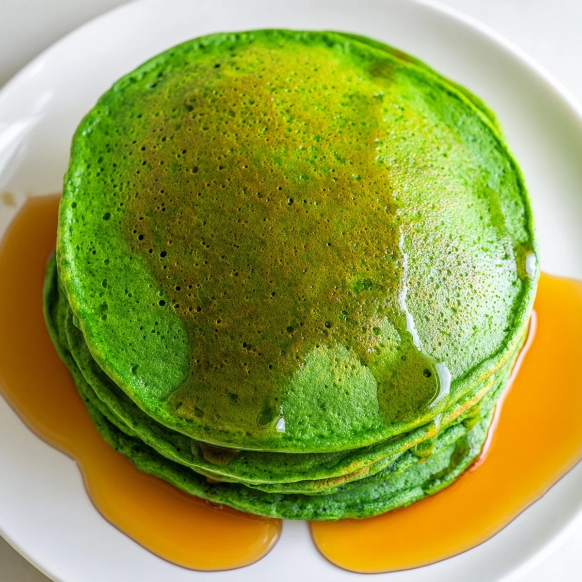 Freshly cooked spinach pancakes topped with butter and maple syrup, a vibrant green twist on a classic American breakfast.