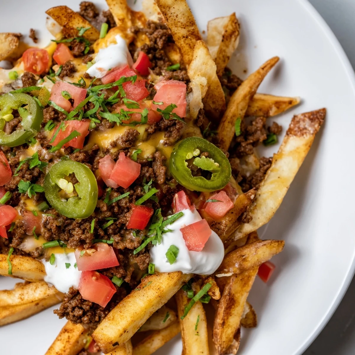 A close-up of Loaded Nacho Fries with Queso and Beef drizzled with creamy queso and beef.